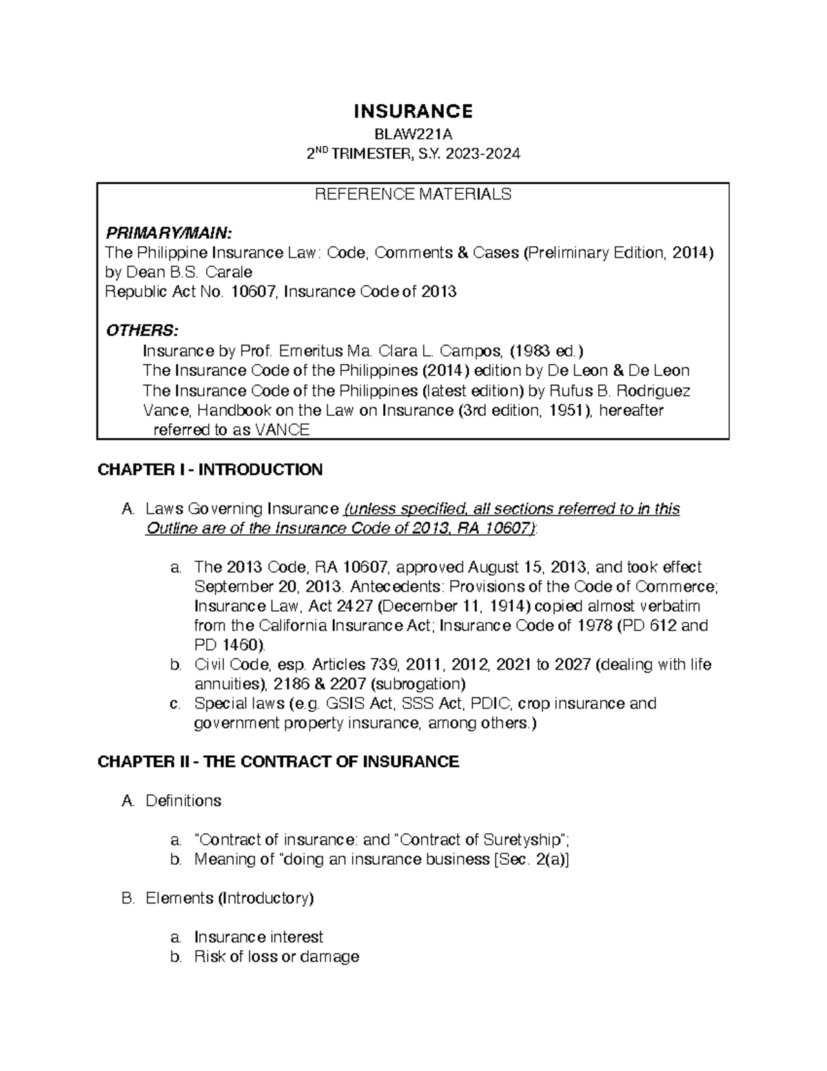 BLAW221A Insurance Syllabus for 2nd Trimester S. 2023-2024 - Studocu