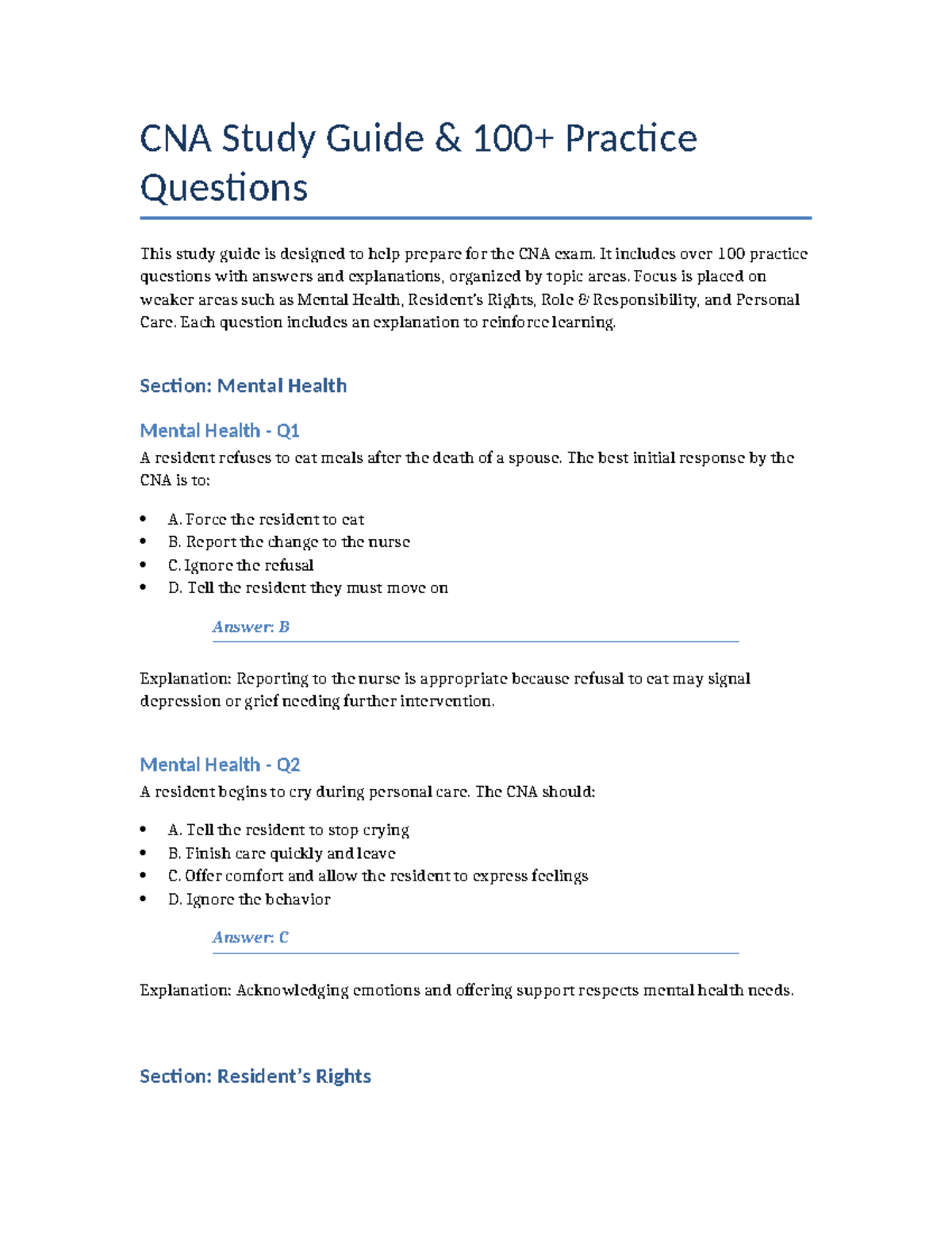 CNA Study Guide: 100+ Practice Questions for Exam Prep - Studocu