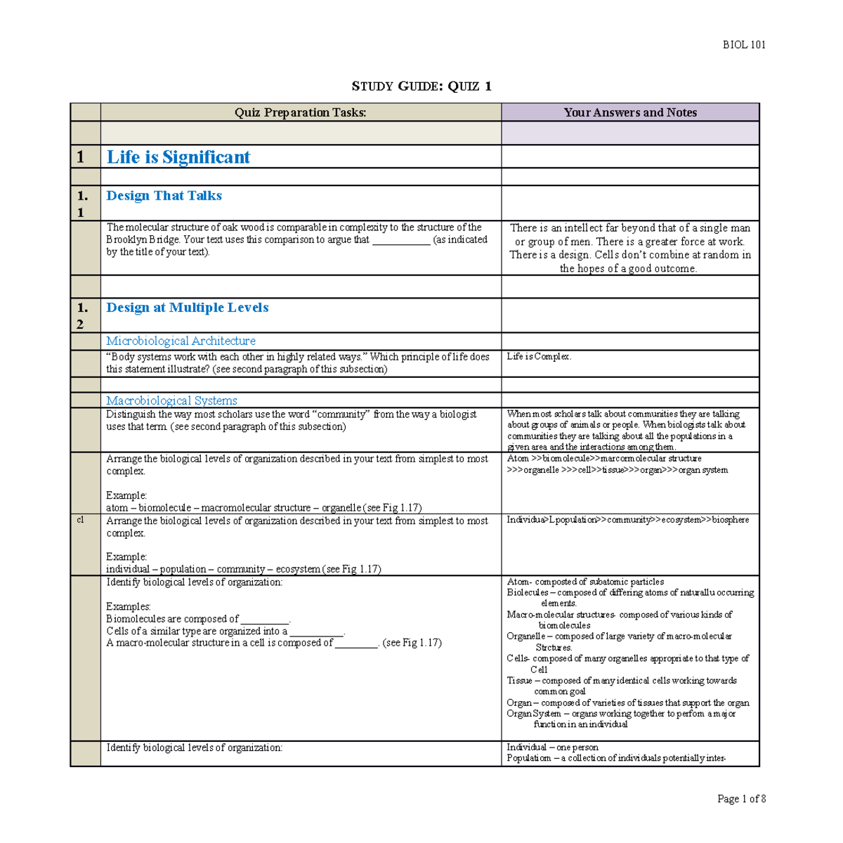 Biology - Study Guide for Quiz 1: Key Concepts & Terms - Studocu