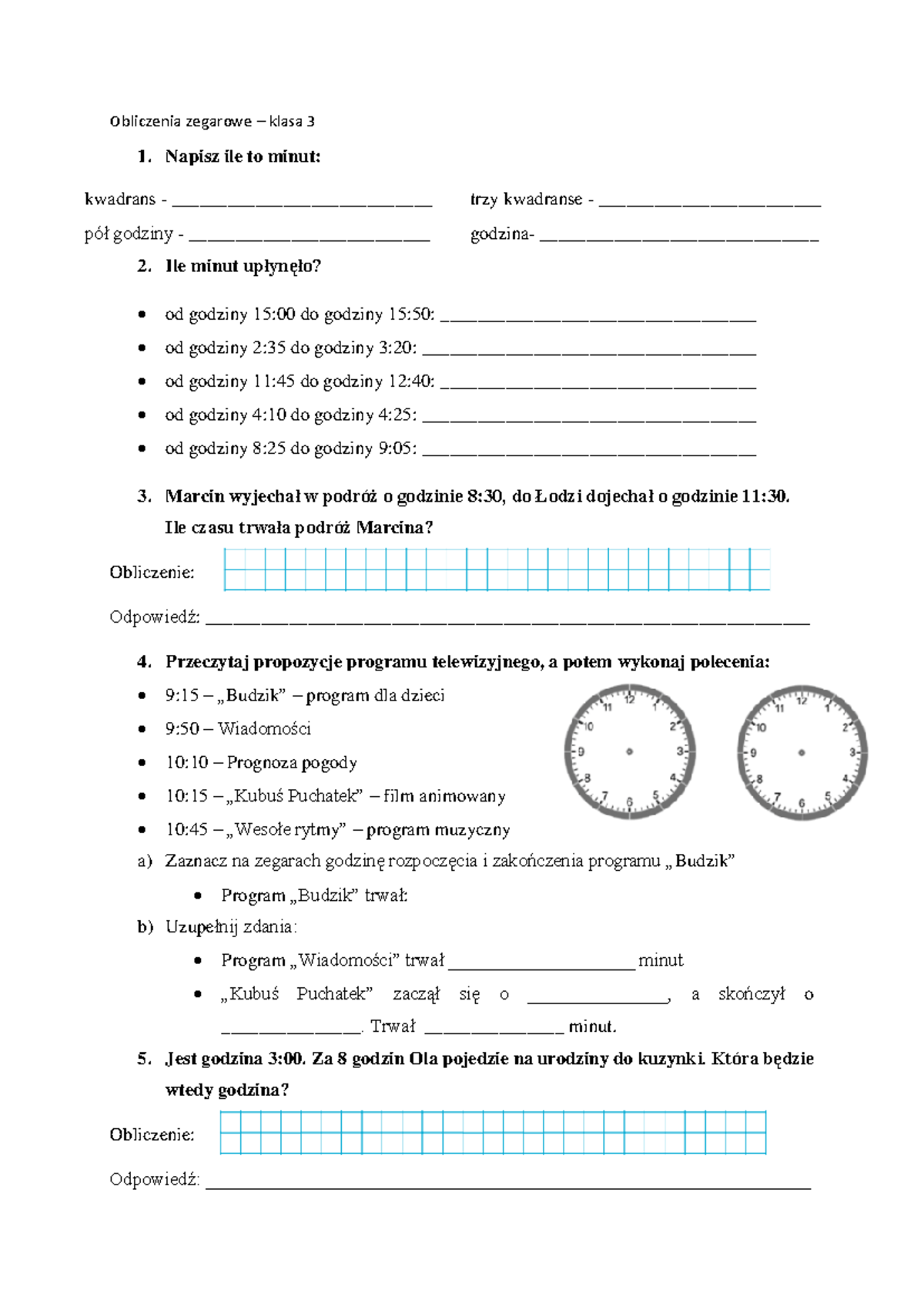 Sprawdzian Z Edukacji Matematycznej Obliczenia Zegarowe Klasa 3