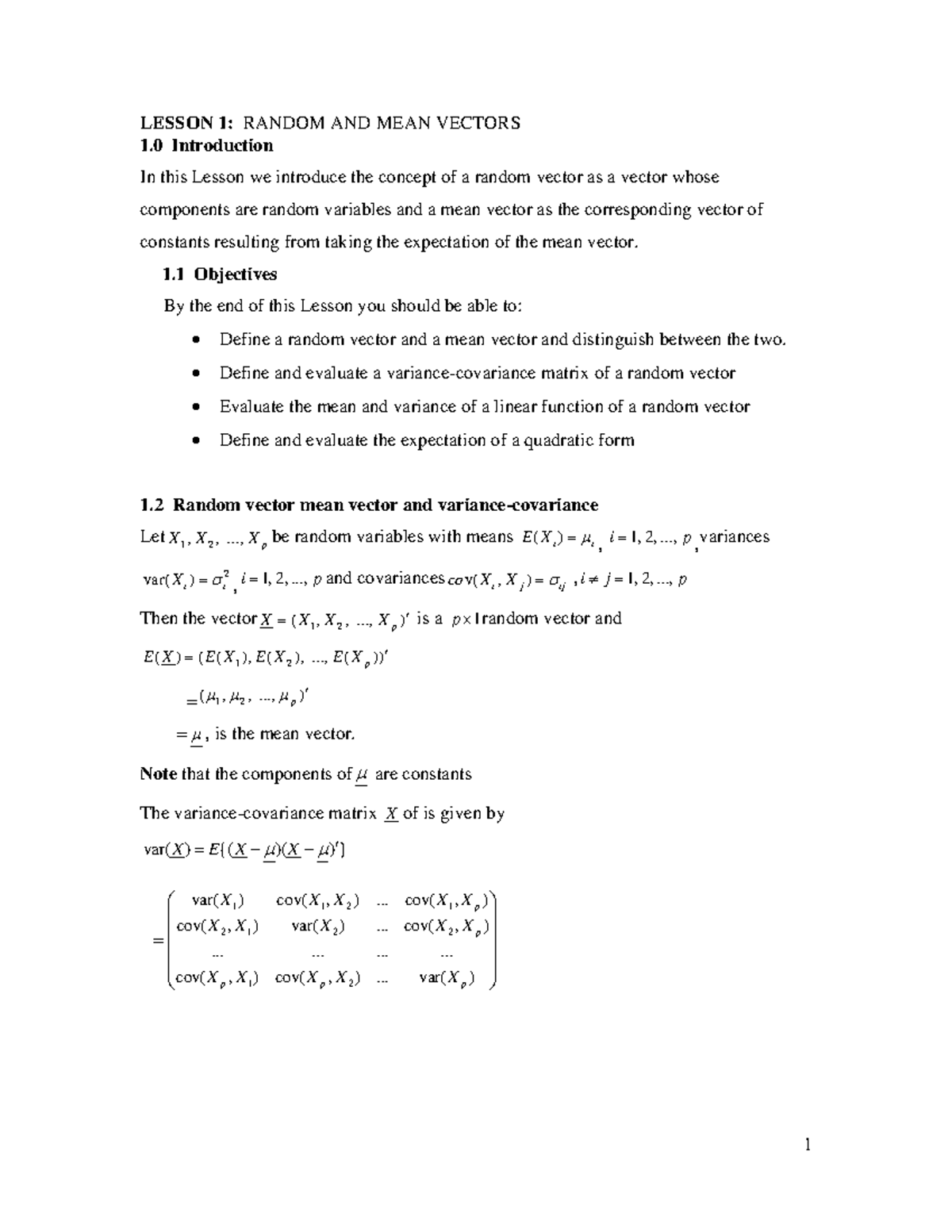 SST304 Complete - Notes - ####### LESSON 1: RANDOM AND MEAN VECTORS ...