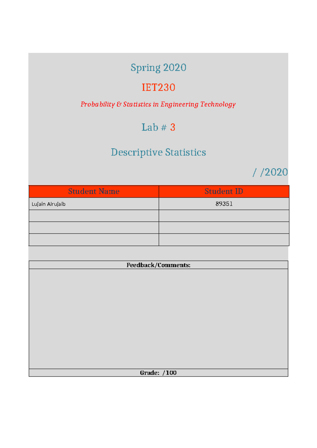 IET 2020 - Lab 3: Descriptive Statistics Manual & Report - Studocu