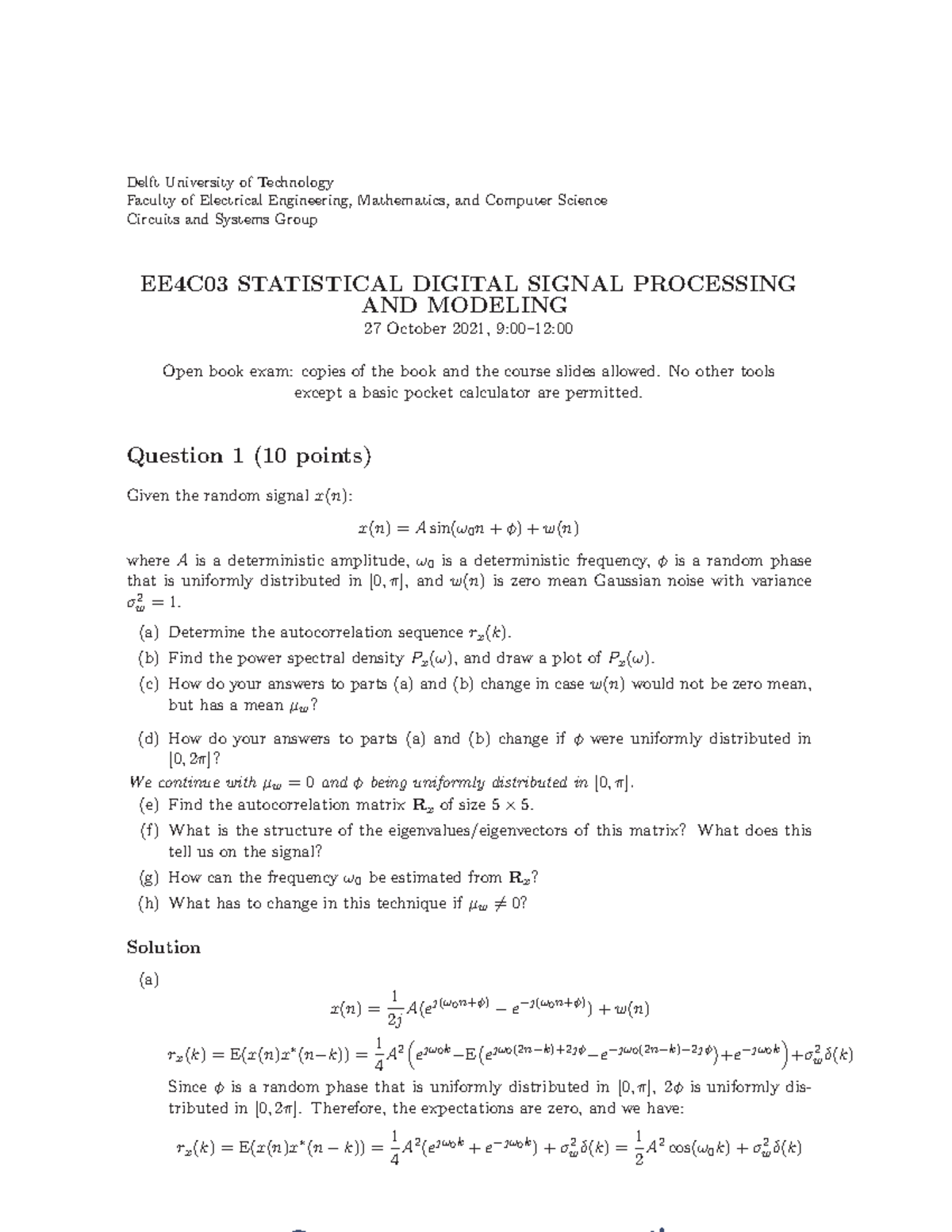 EE4C03 Final Exam: Statistical Digital Signal Processing - Oct 2021 ...