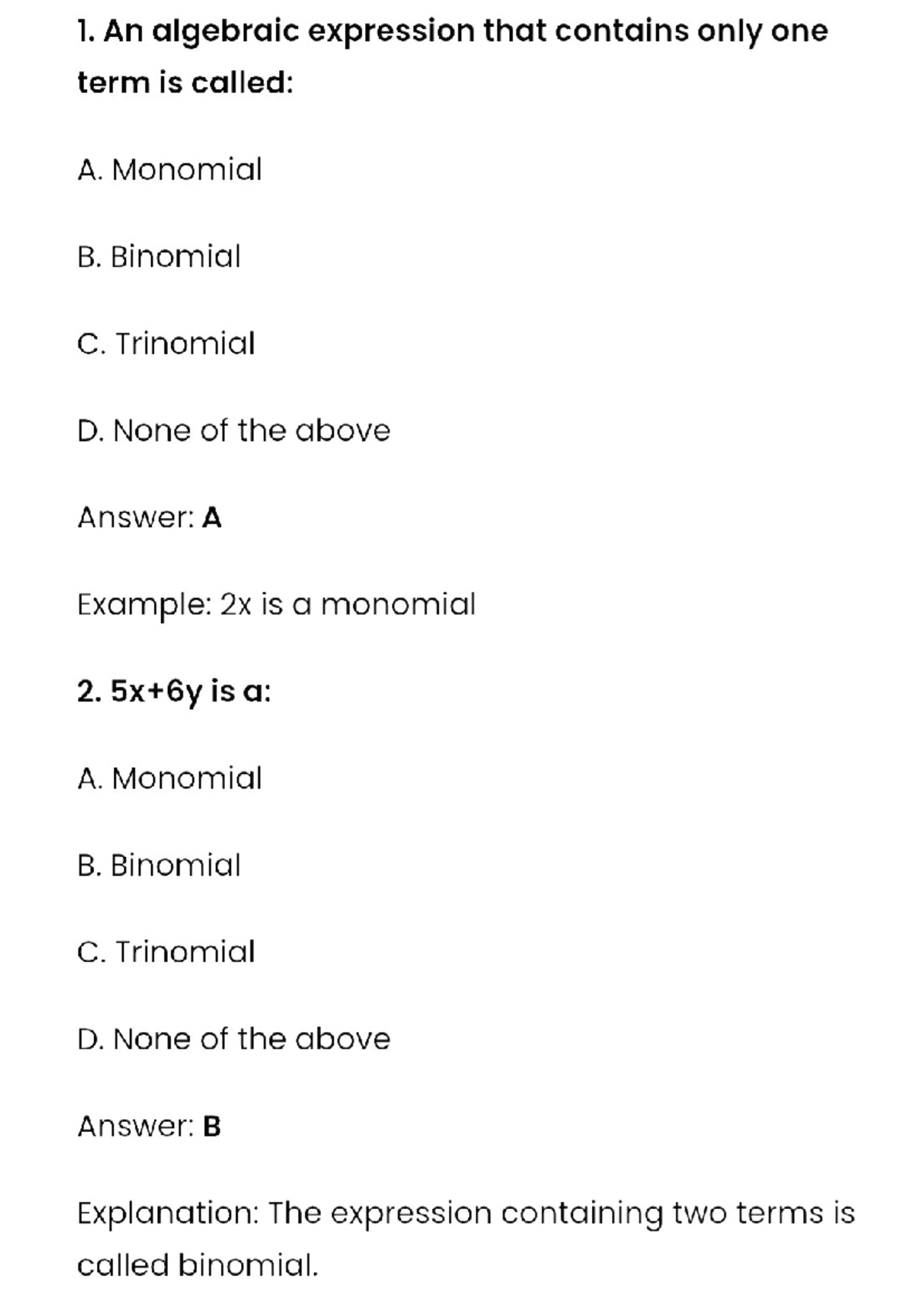 8th Math MCQs: Algebraic Expressions Review - Studocu