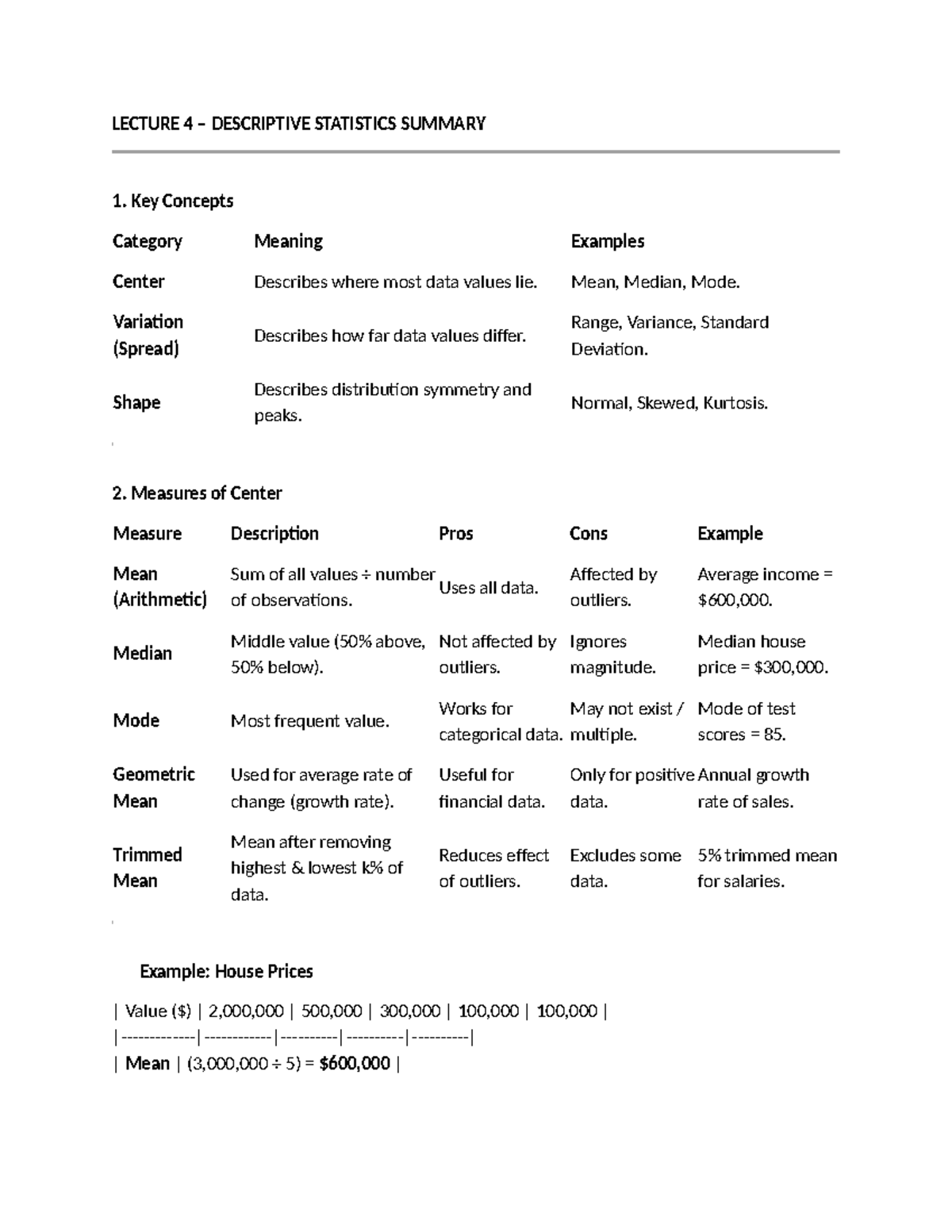 LECTURE 4 - DESCRIPTIVE STATISTICS SUMMARY FOR BUSINESS (STAT 101 ...