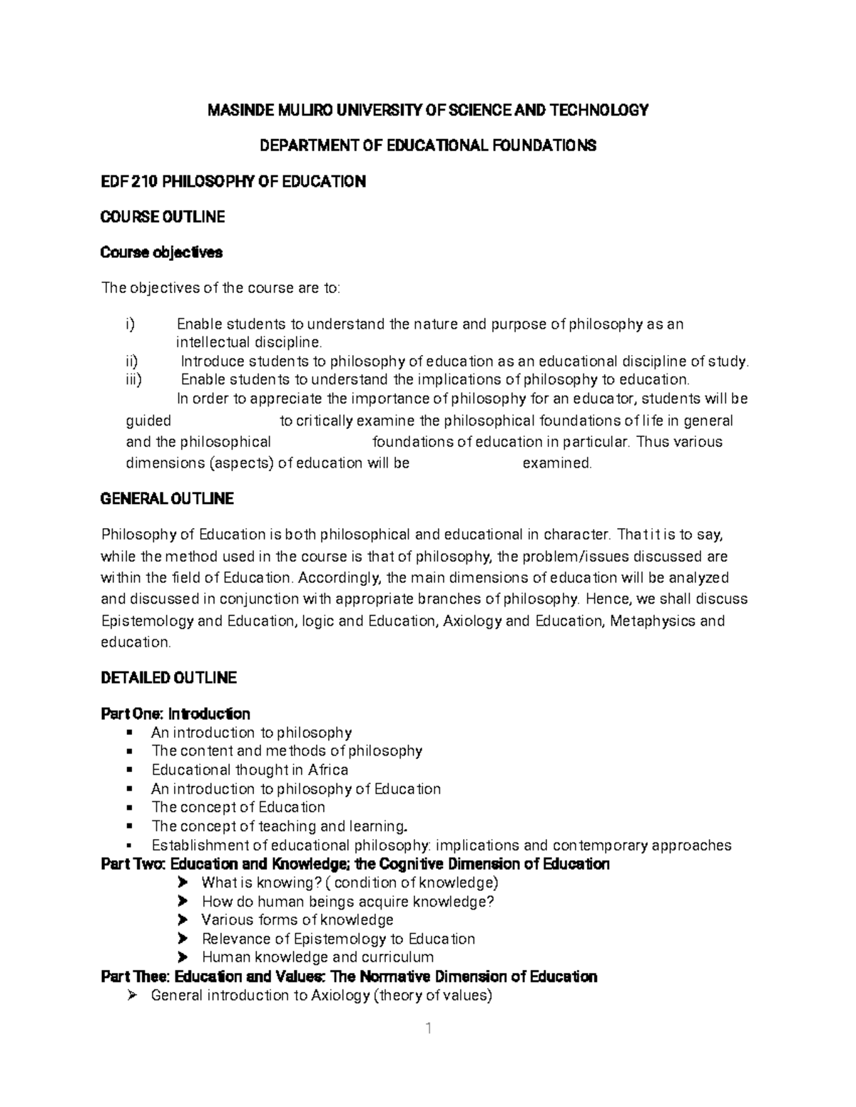 EDF 210: Comprehensive Course Outline on Philosophy of Education - Studocu