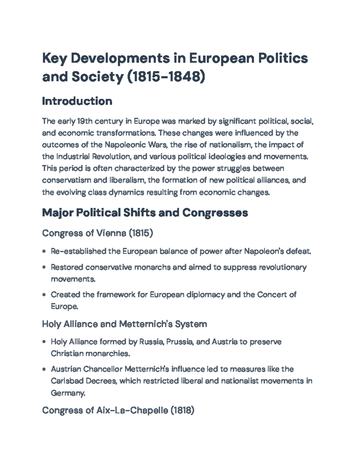 Key Developments in European Politics and Society (1815-1848) - Key ...