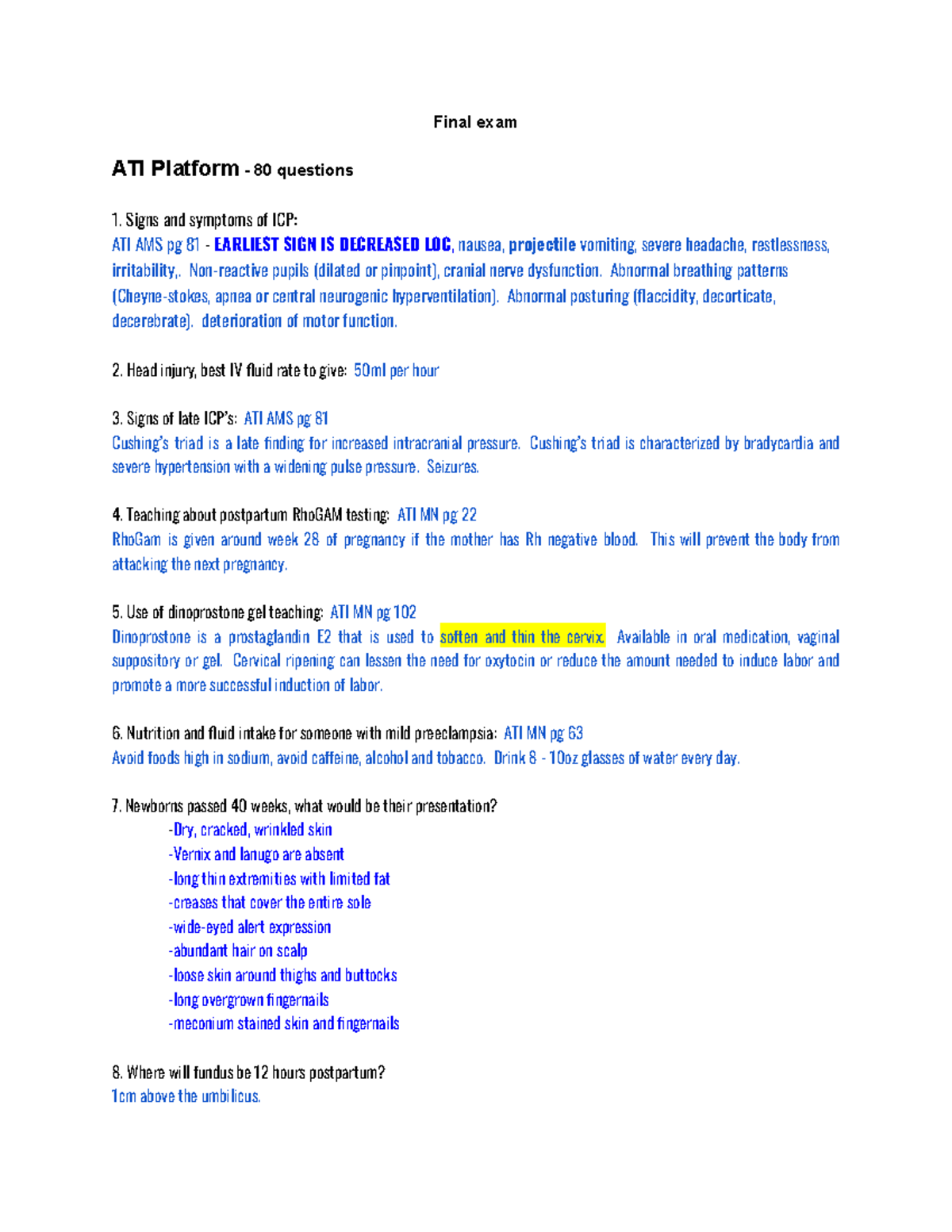 Final Exam Notes for Nursing 3 - Key Concepts & Interventions - Studocu