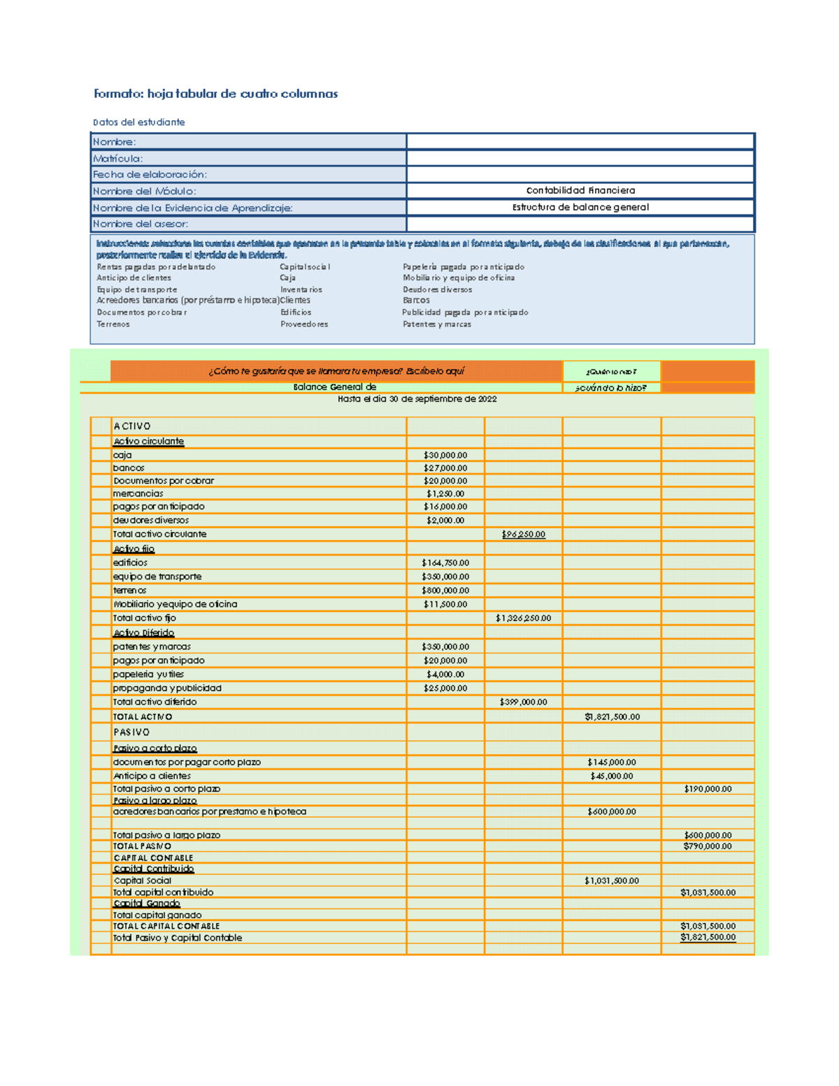 Estructura Balance General UNI2 - Formato: hoja tabular de cuatro ...