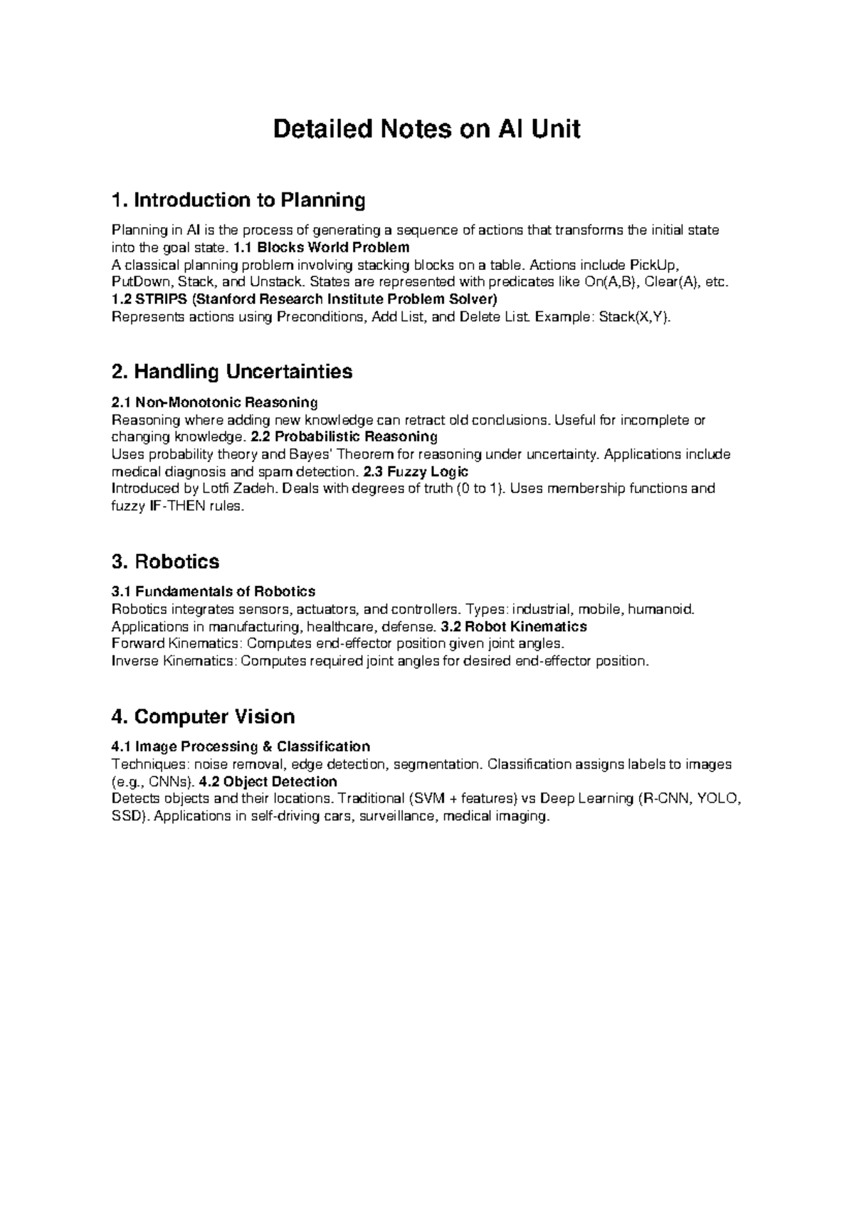 AI Unit 1: Detailed Lecture Notes on Planning and Robotics - Studocu