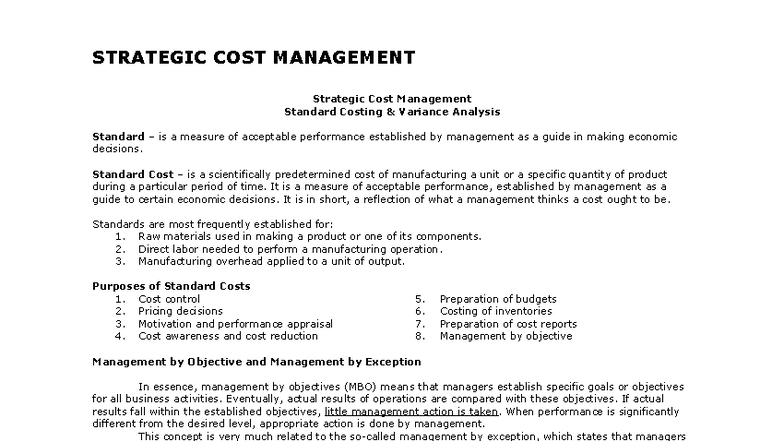 Strategic Cost Management: Standard Costing & Variance Analysis - Studocu