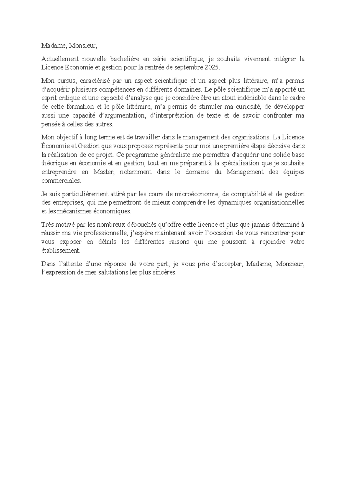 Lettre de Motivation pour Licence Économie et Gestion 2025 Studocu — free download