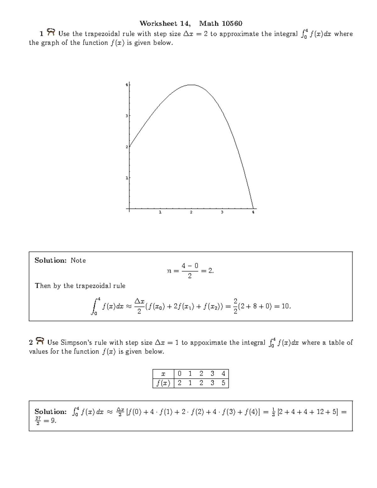 Worksheet 14 Solutions, Math 10560 R4: Trapezoidal Rule Approximations ...