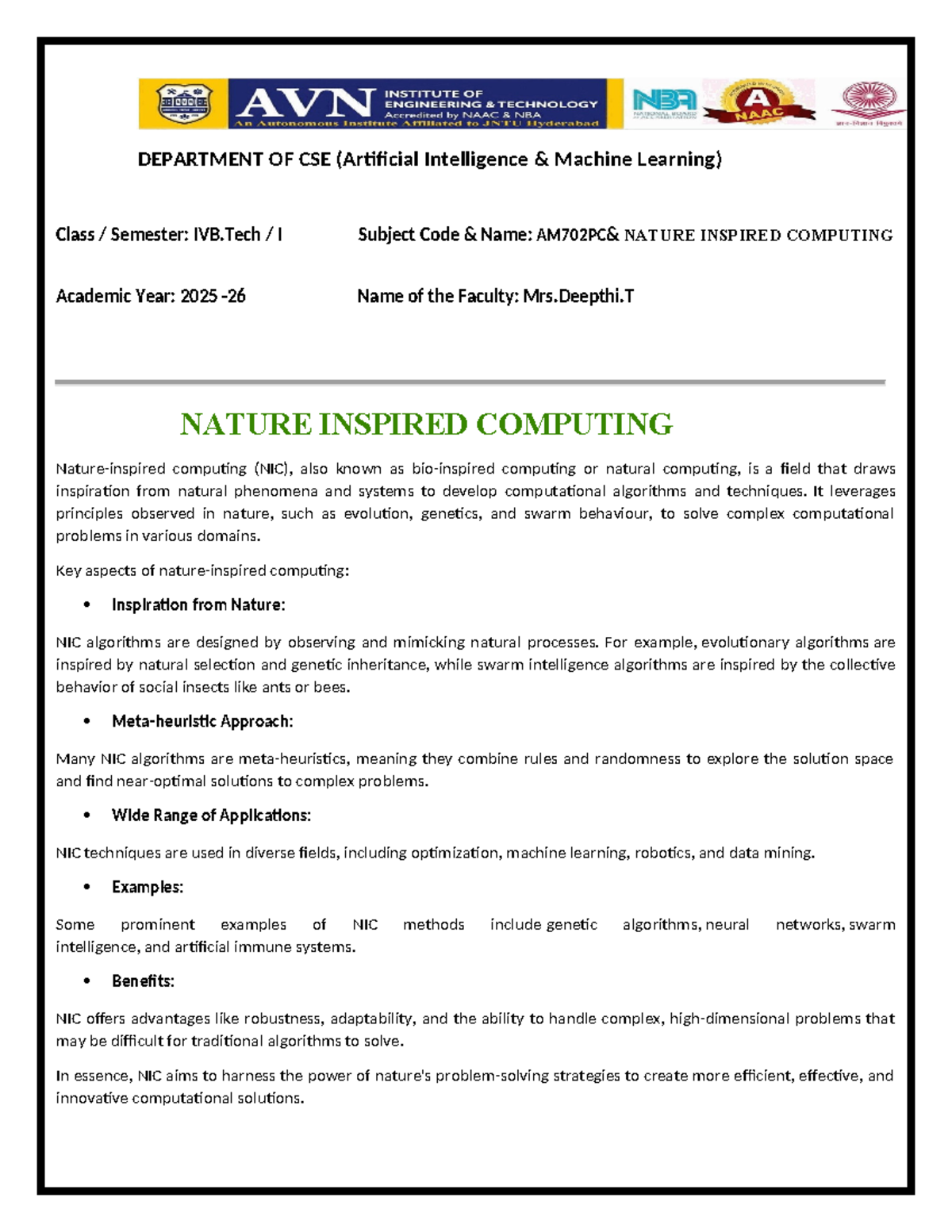NATURE INSPIRED COMPUTING (NIC) - Unit 1 Study Notes - Studocu