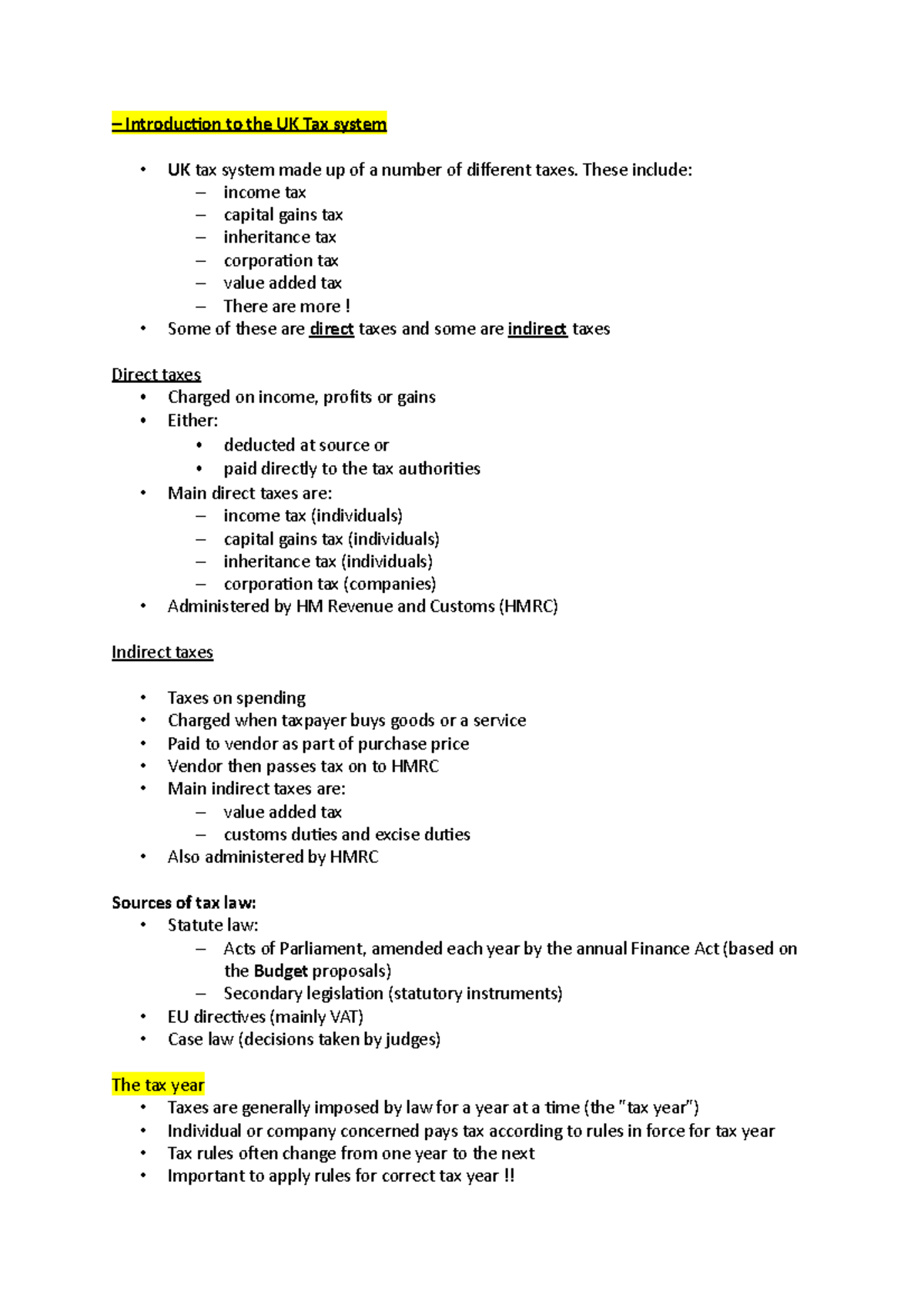 Taxation 1 - Lecture Notes on UK Tax System Fundamentals - Studocu