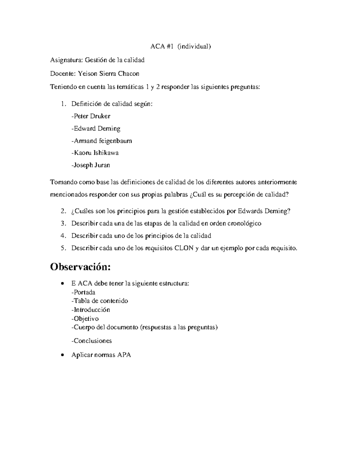 Aca 1 Gestión De Calidad Aca 1 Individual Asignatura Gestión De