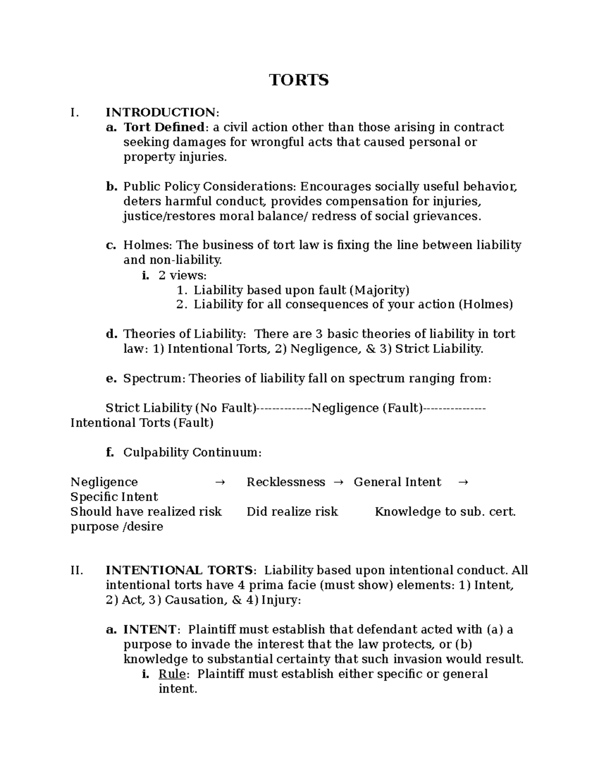 TORT 101: Outlines for Intentional Torts and Key Concepts - Studocu