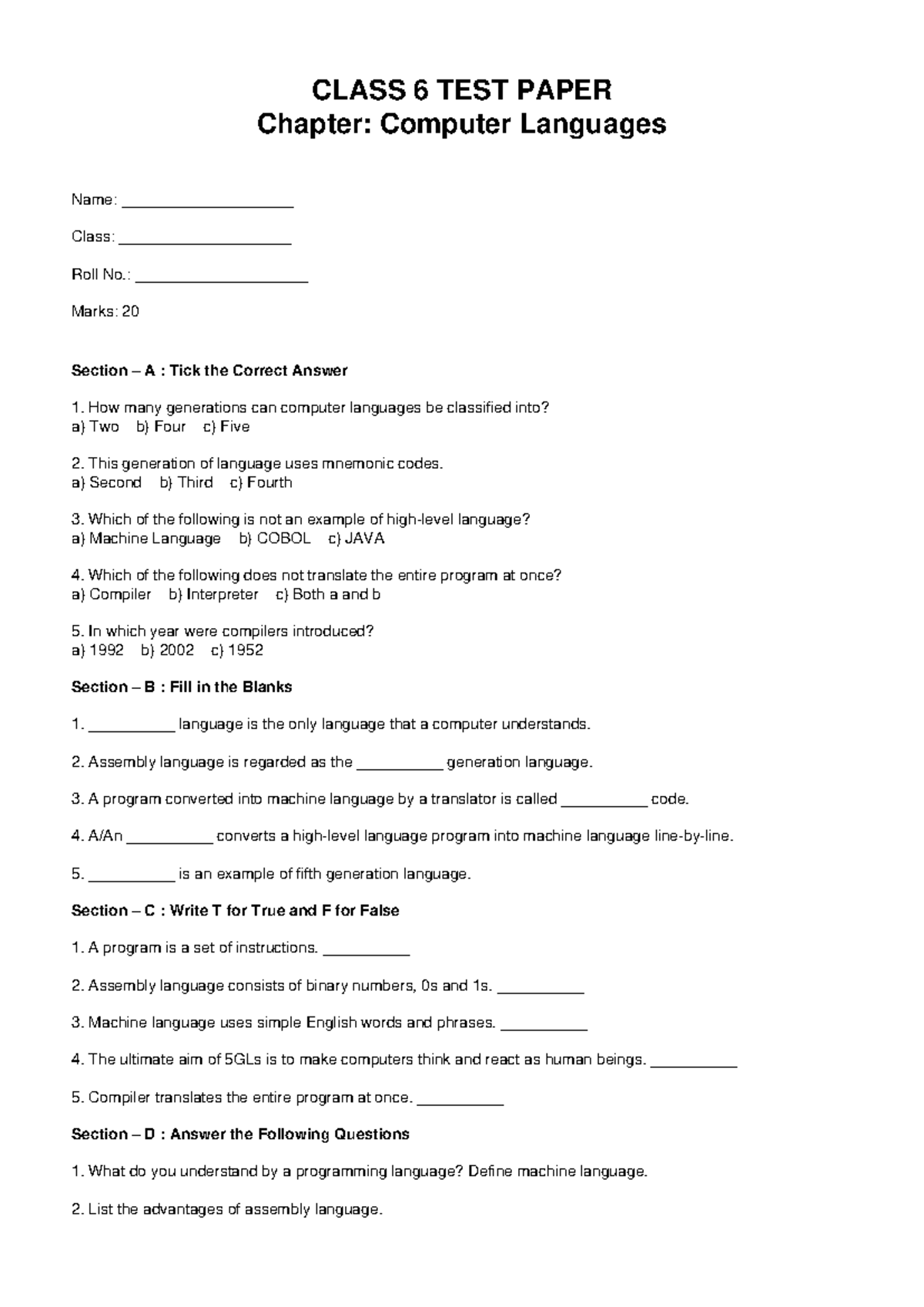 CLASS 6 TEST PAPER: Computer Languages Assessment - Studocu