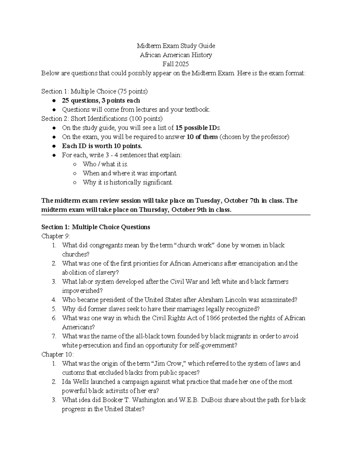 Midterm Exam Study Guide: African American History (AFAM 2025) - Studocu