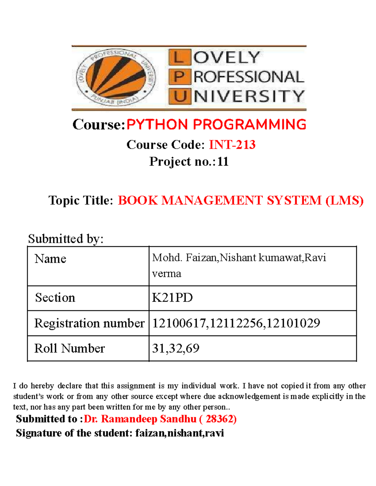 Assignment Cover page - Helpful - Course:PYTHON PROGRAMMING Course Code ...