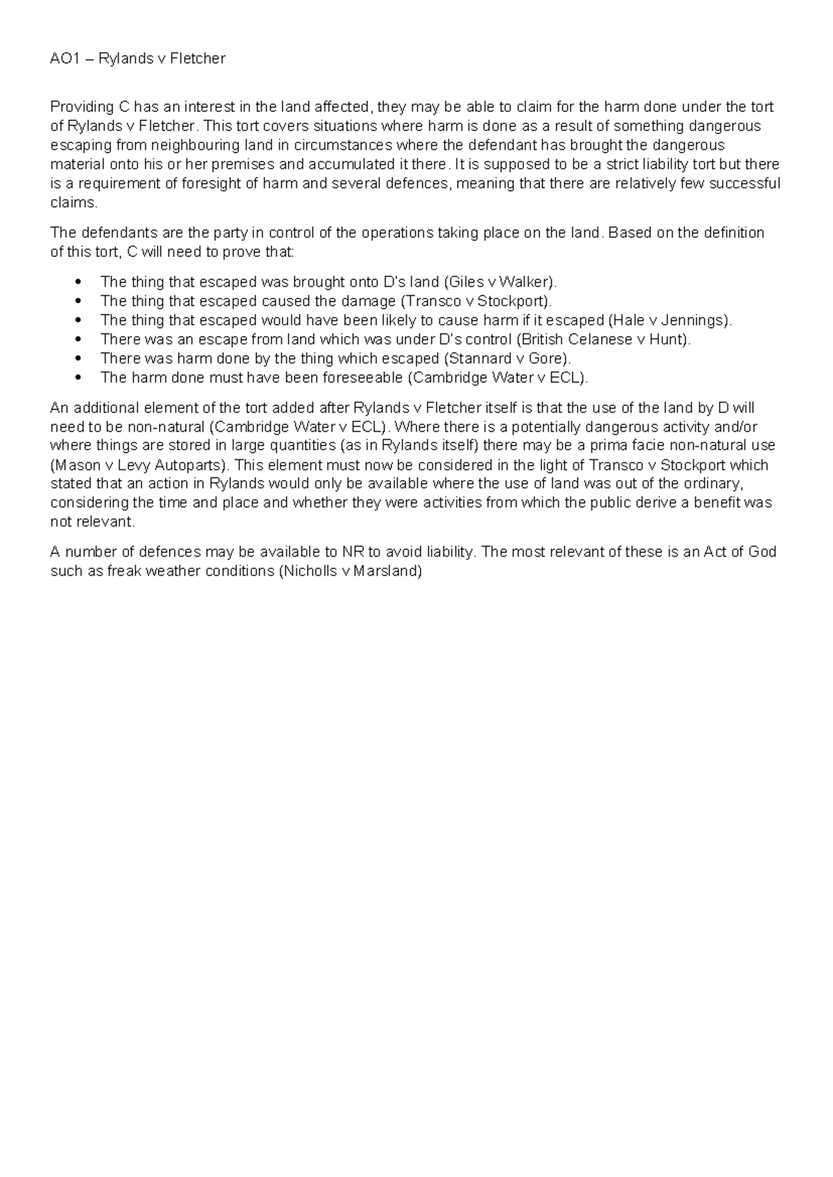 AO1 – Analyzing the Tort of Rylands v Fletcher: Key Elements and ...