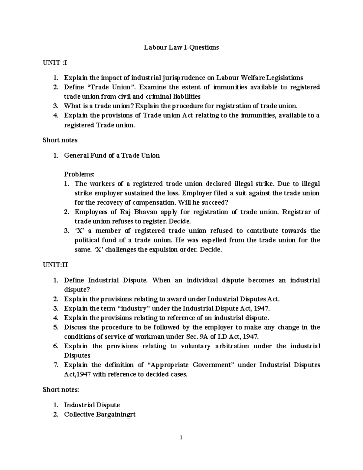 Labour Law I: Key Questions and Issues - BA LLB Study Guide - Studocu
