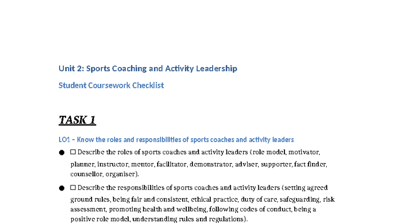 Unit 2: Sports Coaching & Activity Leadership Coursework Checklist ...