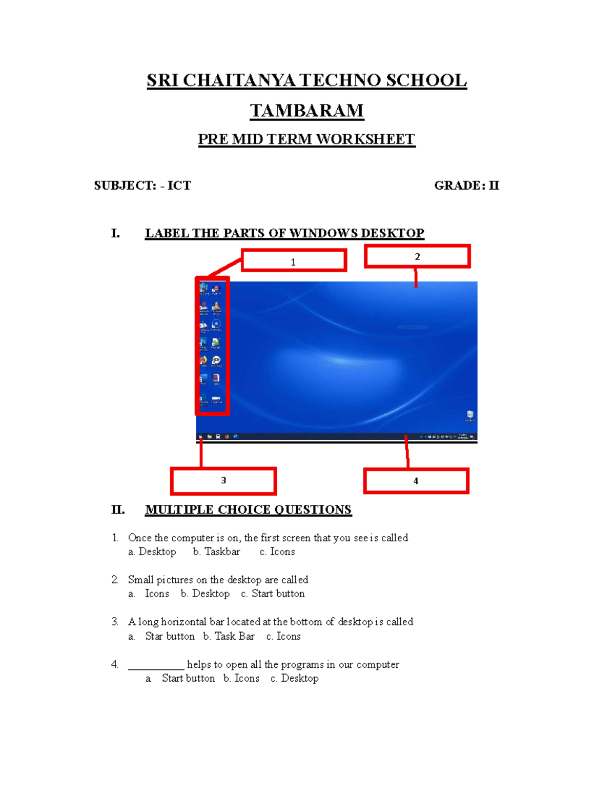 Grade 2 ICT Pre Mid Term Worksheet: Windows Desktop & MCQs - Studocu