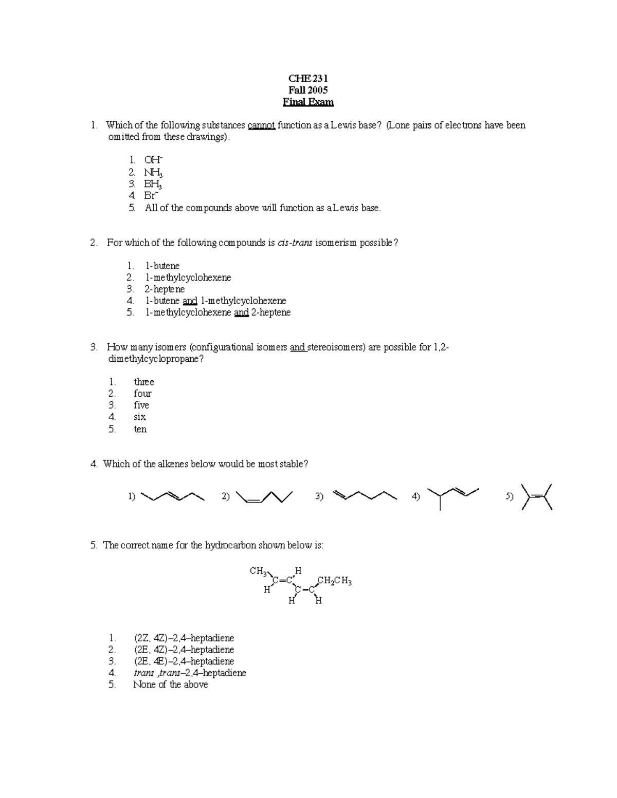 CHE 231 Fall 2005 Organic Chemistry Final Exam Review - Studocu