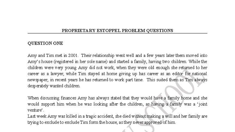 Proprietary Estoppel: Final Exam Problem Questions Analysis - Studocu
