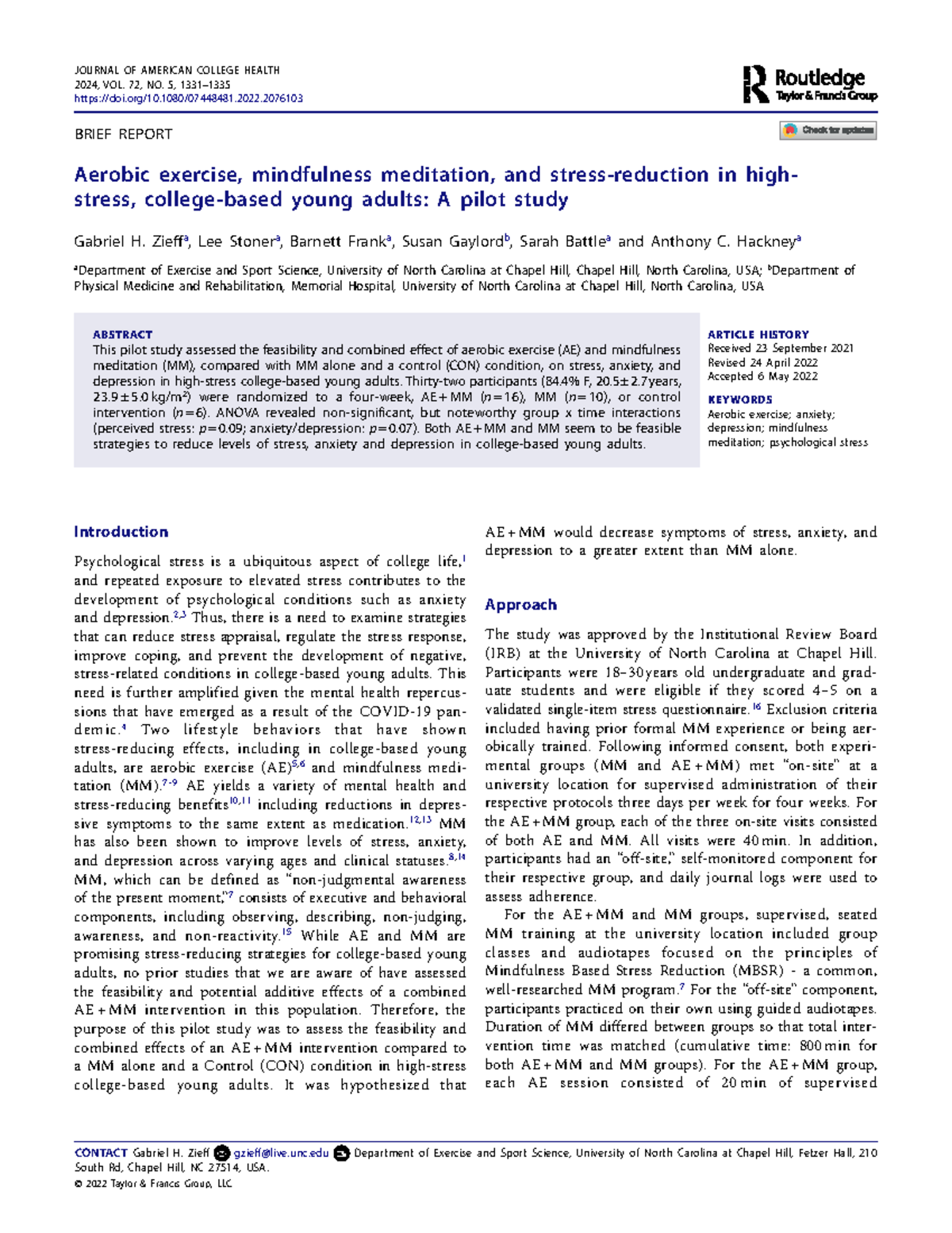Pilot Study on Aerobic Exercise and Mindfulness Meditation in Young ...
