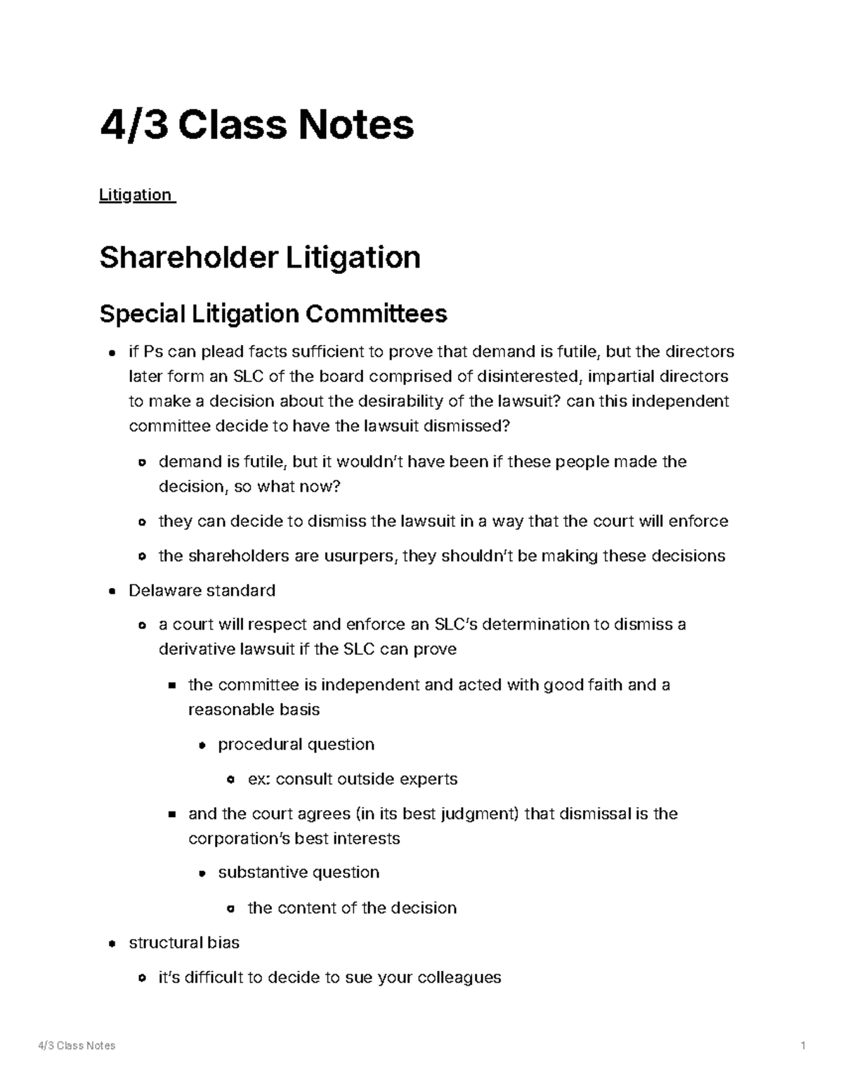Class Notes on Shareholder Litigation and Derivative Suit Standards (4/ ...