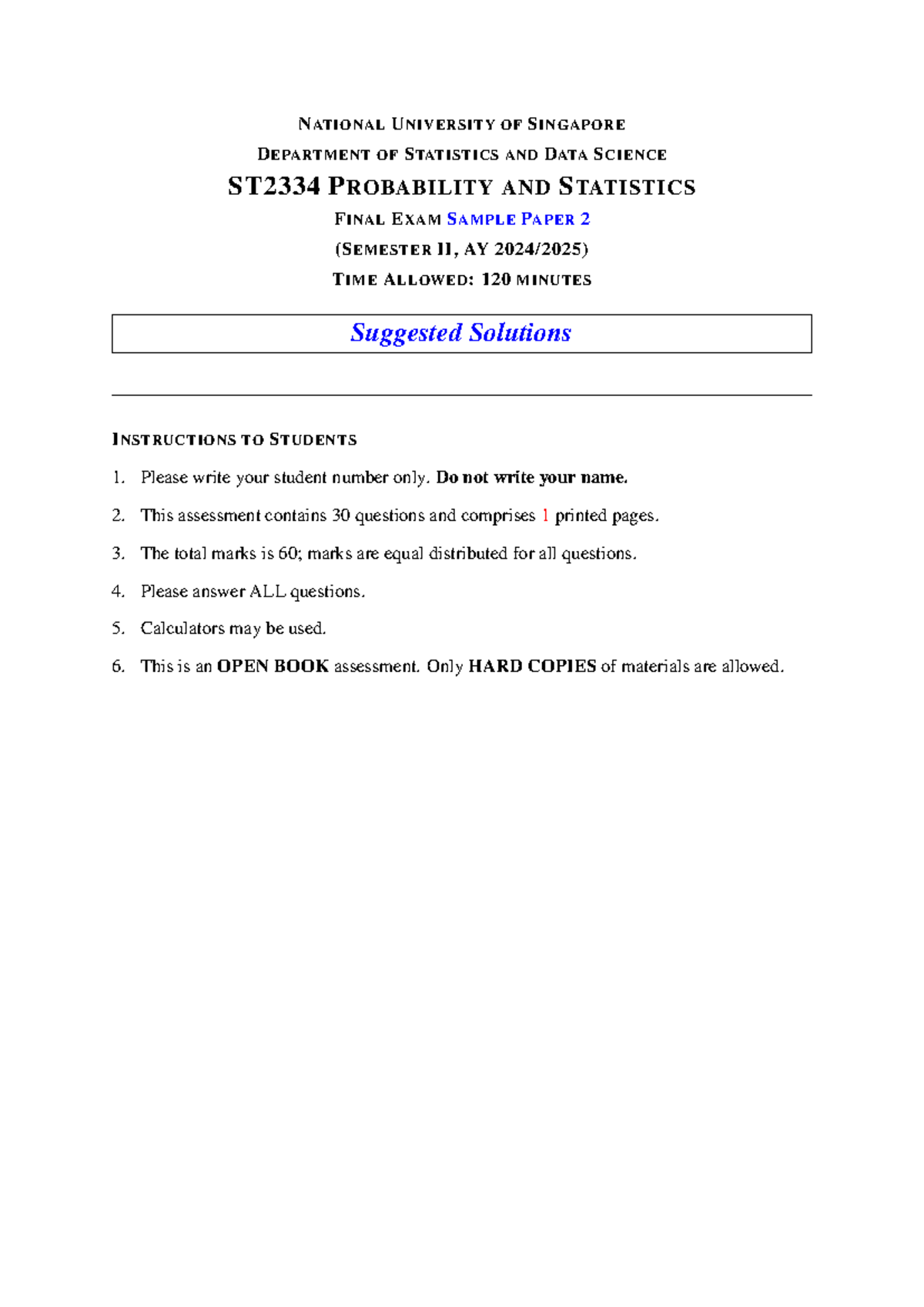 ST2334 Probability and Statistics Final Exam Sample Paper 2 Solutions ...