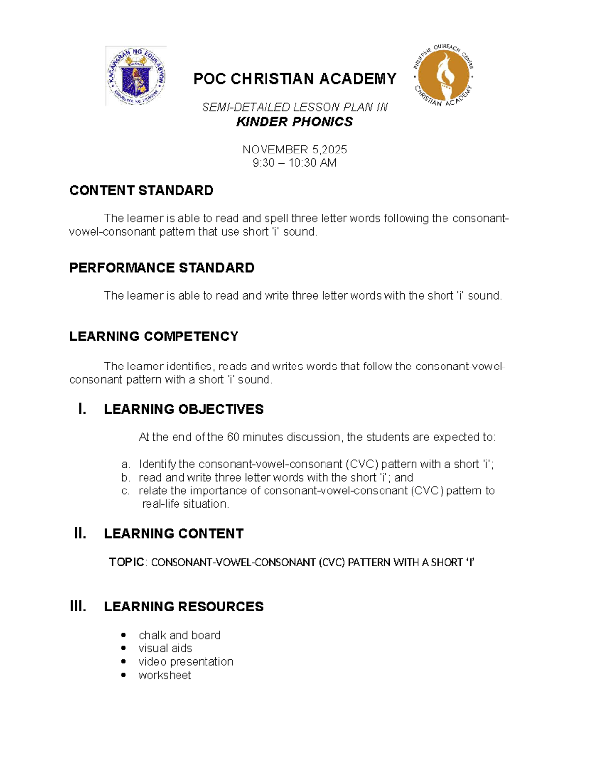 POC CHRISTIAN ACADEMY KINDER PHONICS LESSON PLAN (CVC) - Studocu