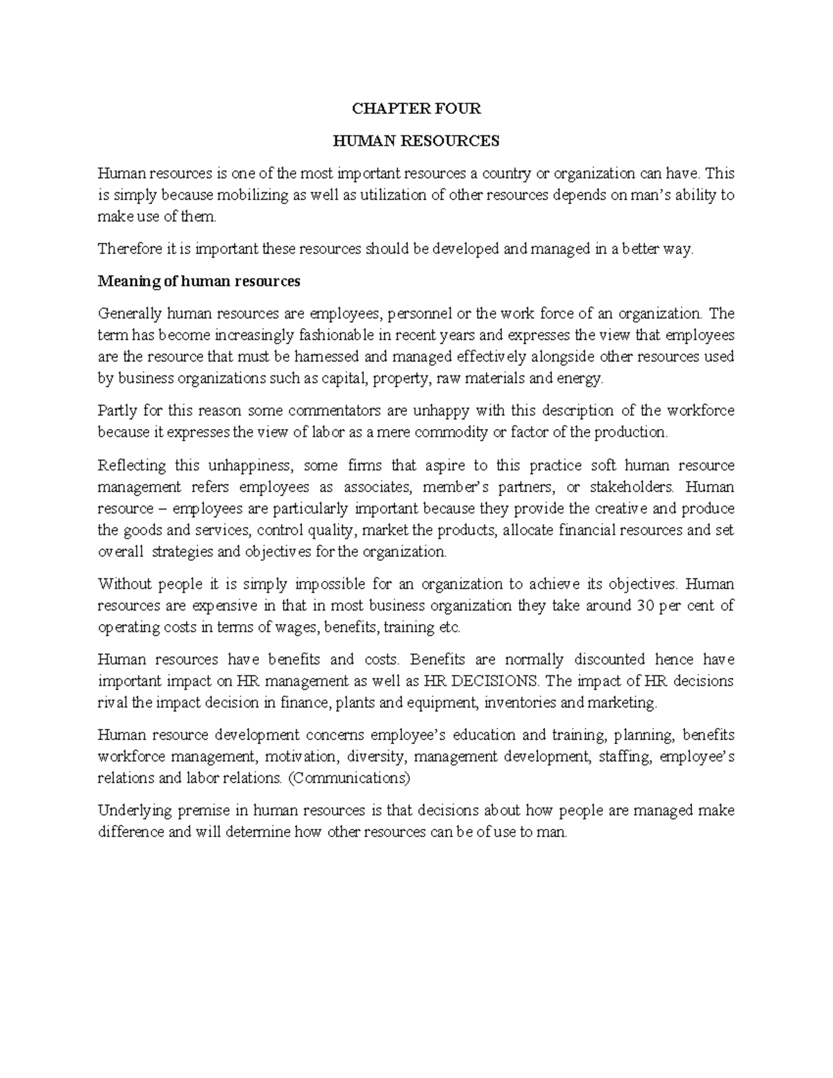 CHAPTER 4: HUMAN RESOURCES MANAGEMENT AND DEVELOPMENT - Studocu