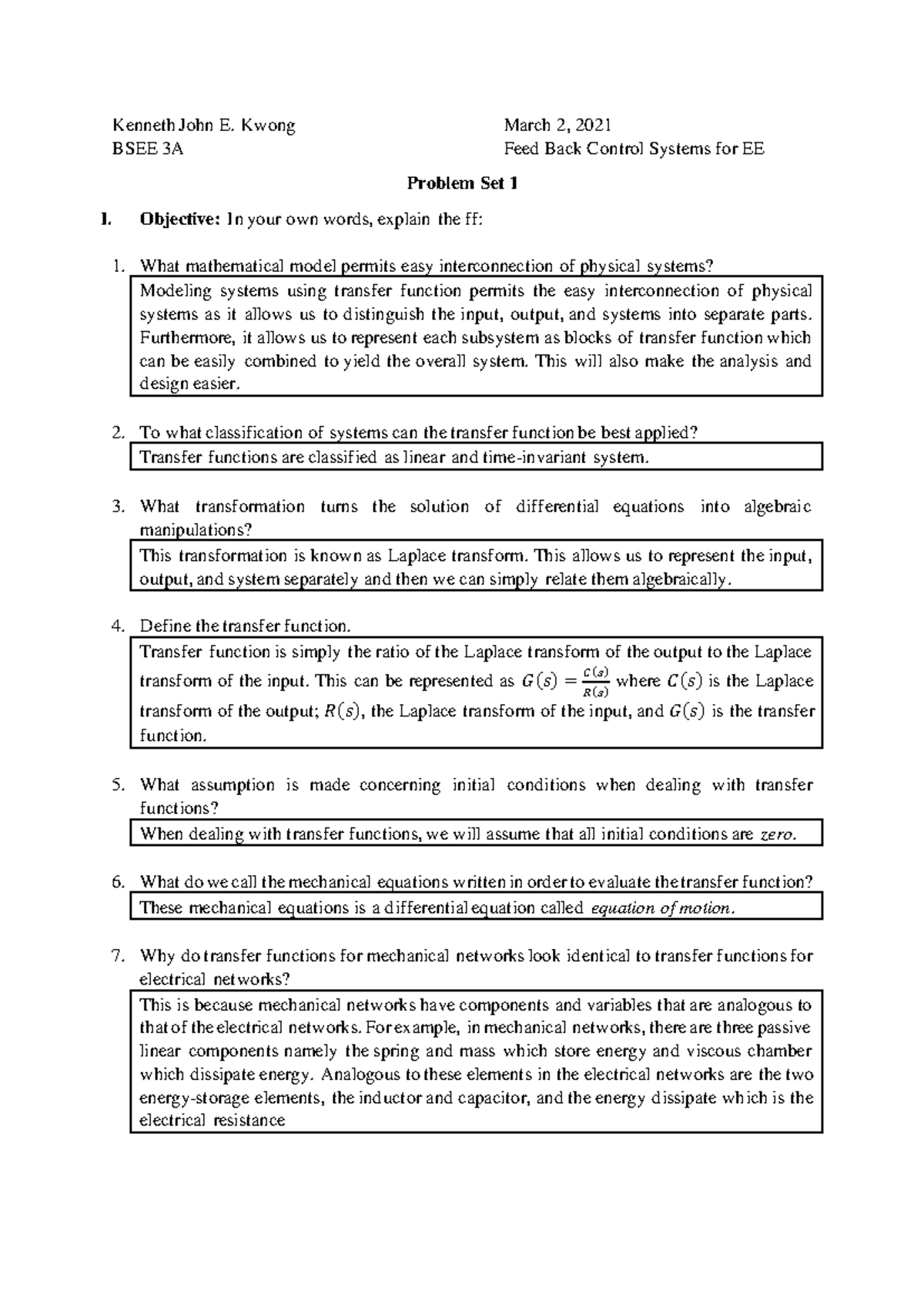 BSEE 3A Feedback Control Systems: Problem Set 1 & Assignment 2 Insights ...
