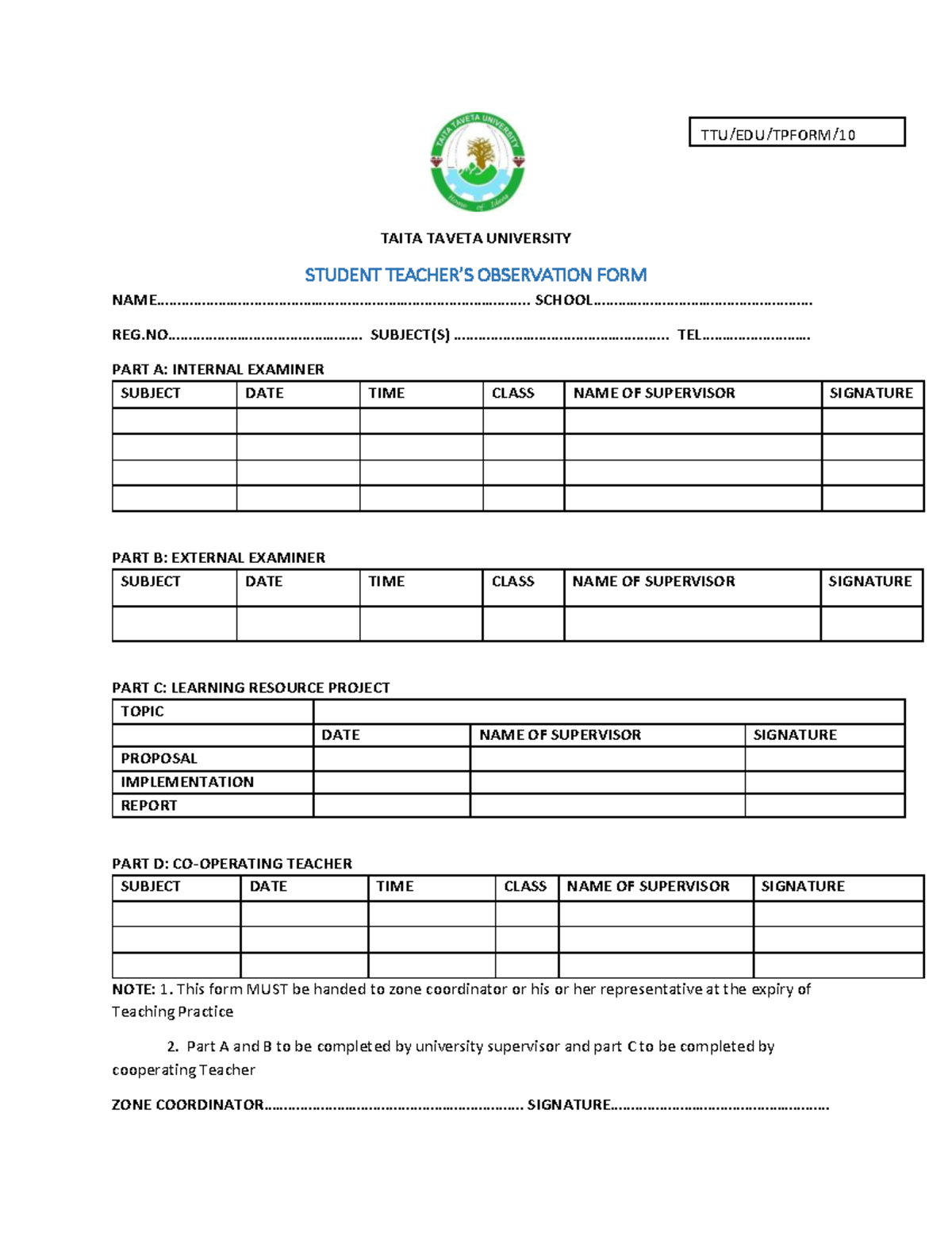Student Teacher Observation FORM - TAITA TAVETA UNIVERSITY STUDENT ...