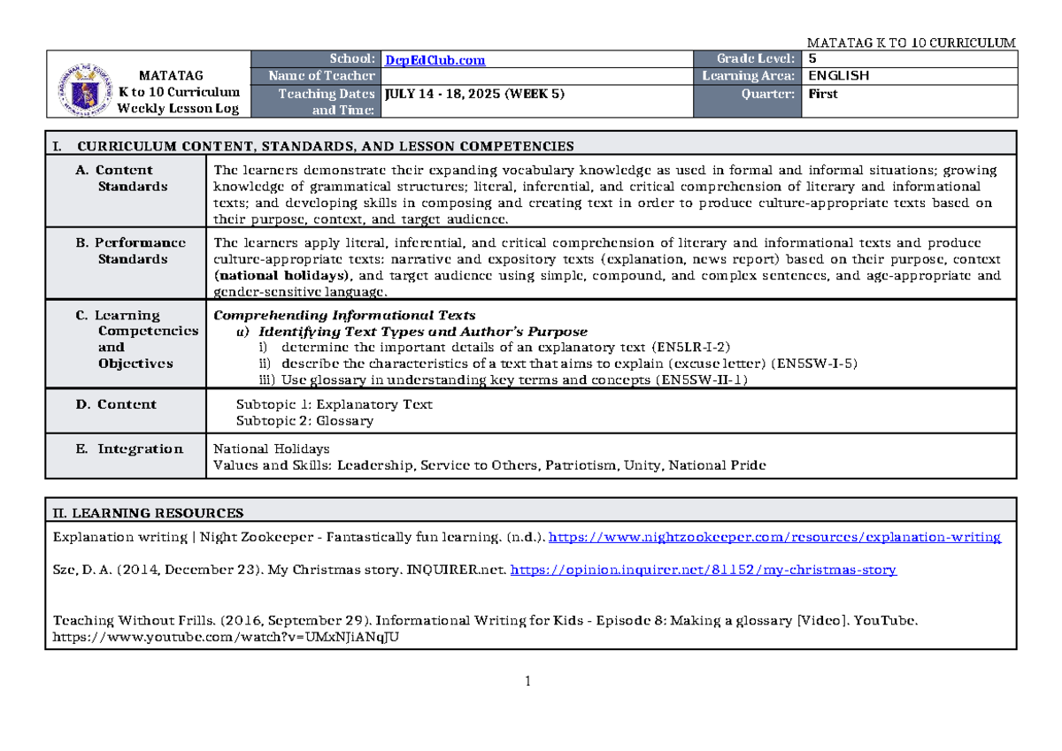 DLL Matatag K to 10 English 5 Weekly Lesson Log (Q1 W5) - Studocu