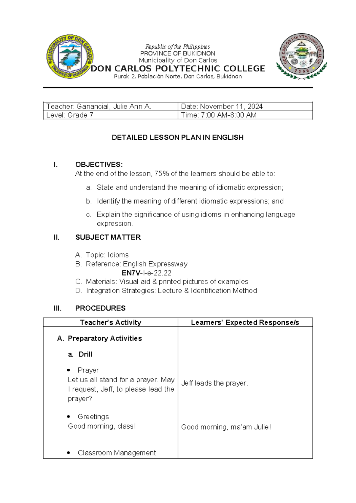 DLP: Grade 7 English Lesson Plan on Idioms - Demo Teaching - Studocu
