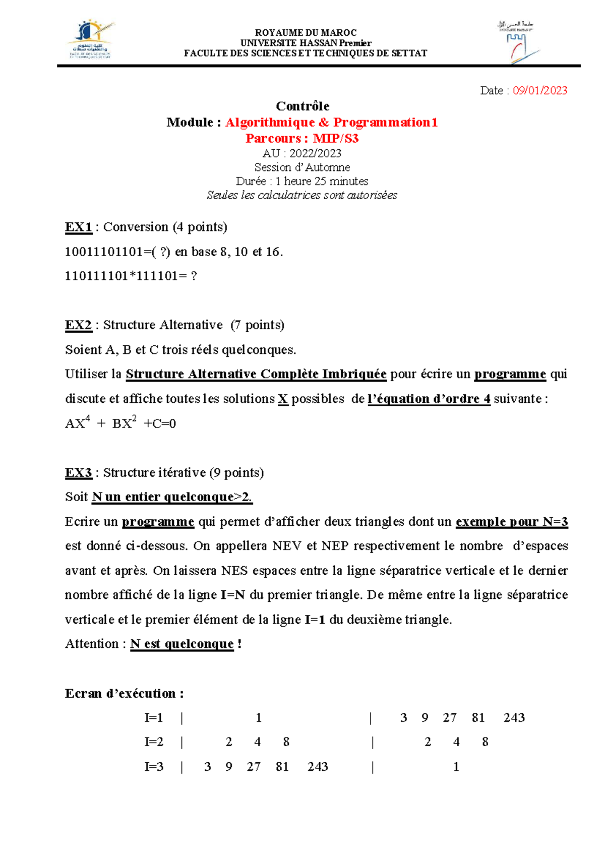 Contrôle Algorithmique et Programmation 1 - Session 22/23 - Studocu