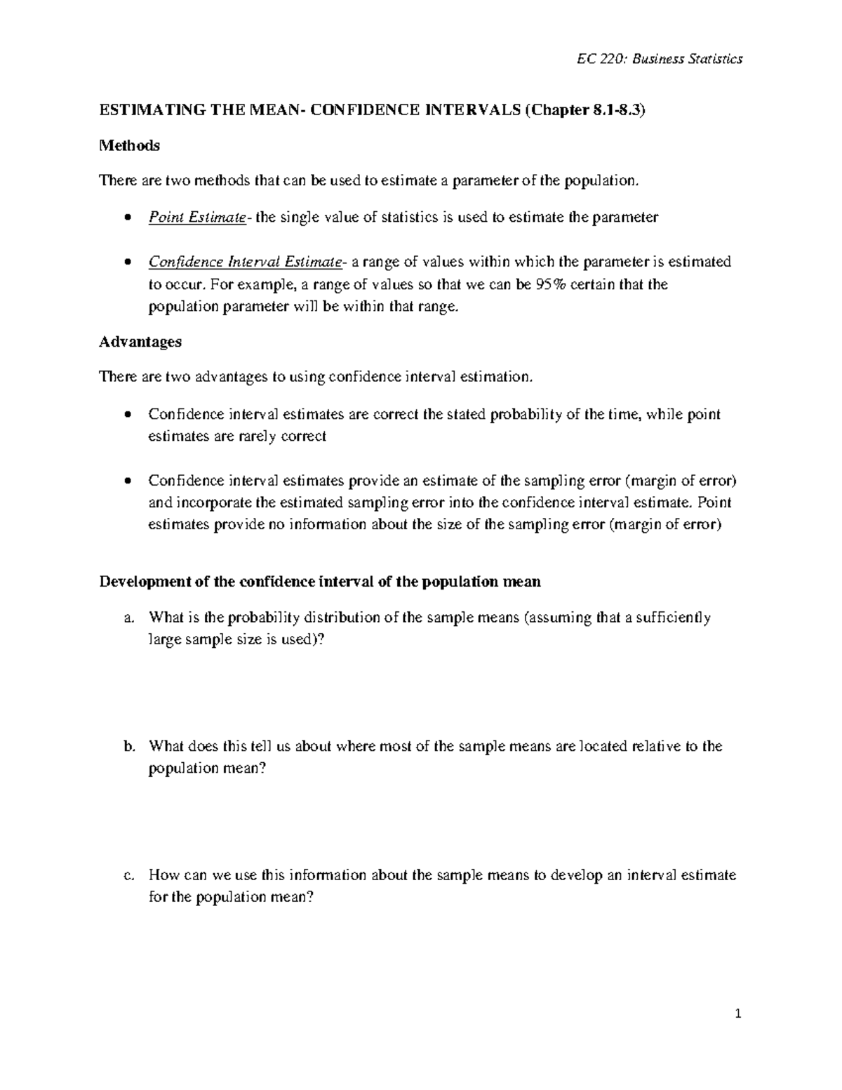 EC 220: Business Statistics - Confidence Intervals - Studocu
