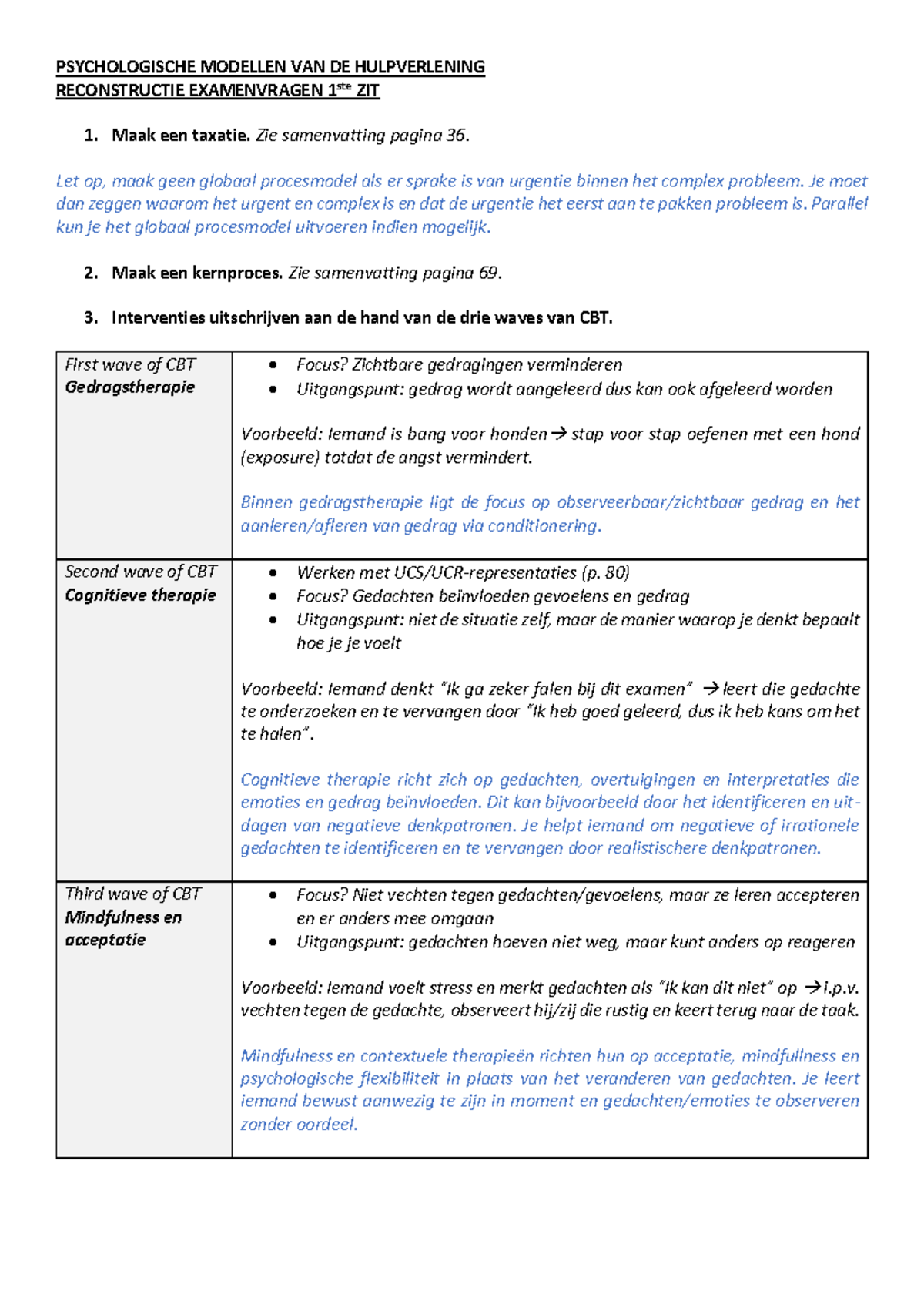 Examenvragen PSYH 1ste ZIT: Psychologische Modellen in de Hulpverlening ...