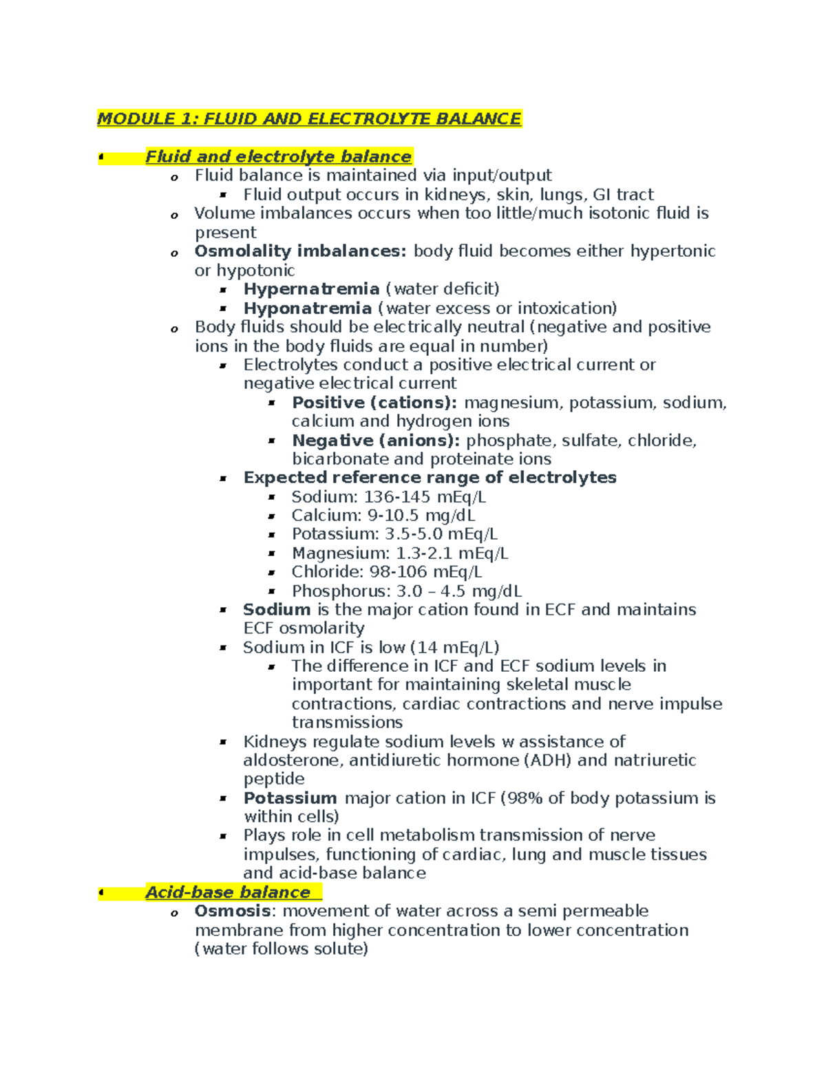 Med Surg Exam 1: Fluid and Electrolyte Balance Review Notes - Studocu