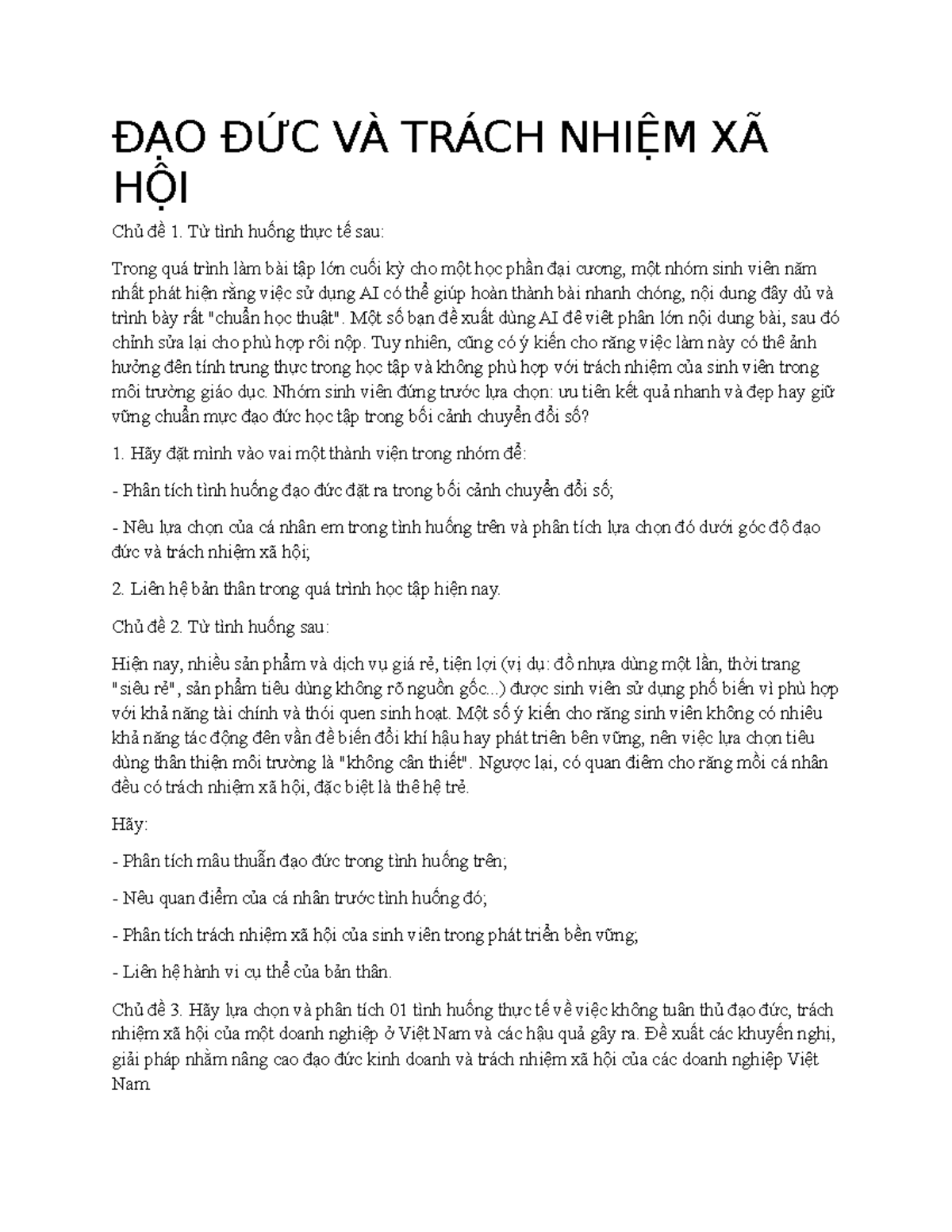ĐẠO ĐỨC VÀ TRÁCH NHIỆM XÃ HỘI: Phân Tích Tình Huống và Quan Điểm Cá Nhân - Document Preview