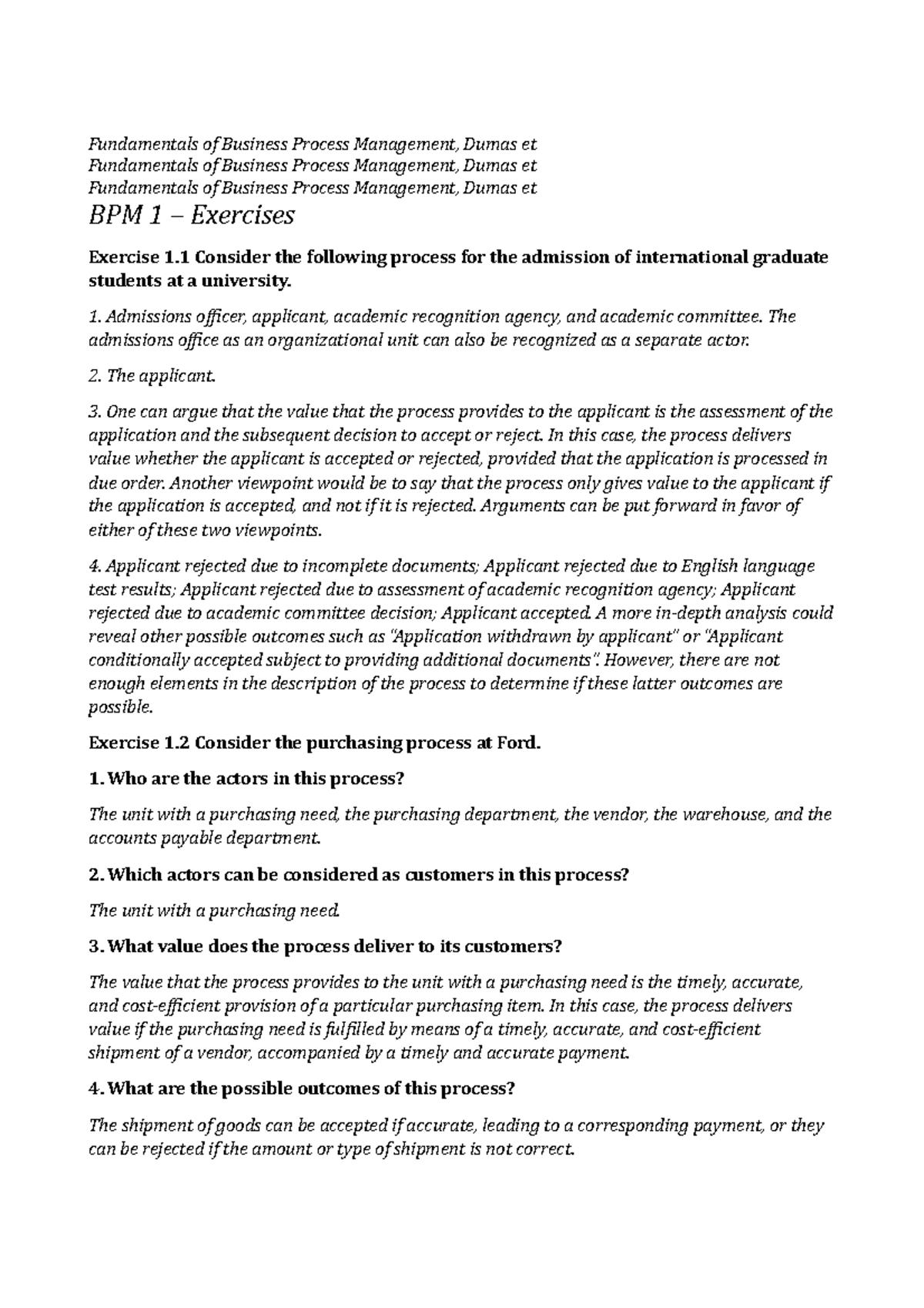 BPM 1 - Lecture 1 Exercises: Business Process Management Insights - Studocu