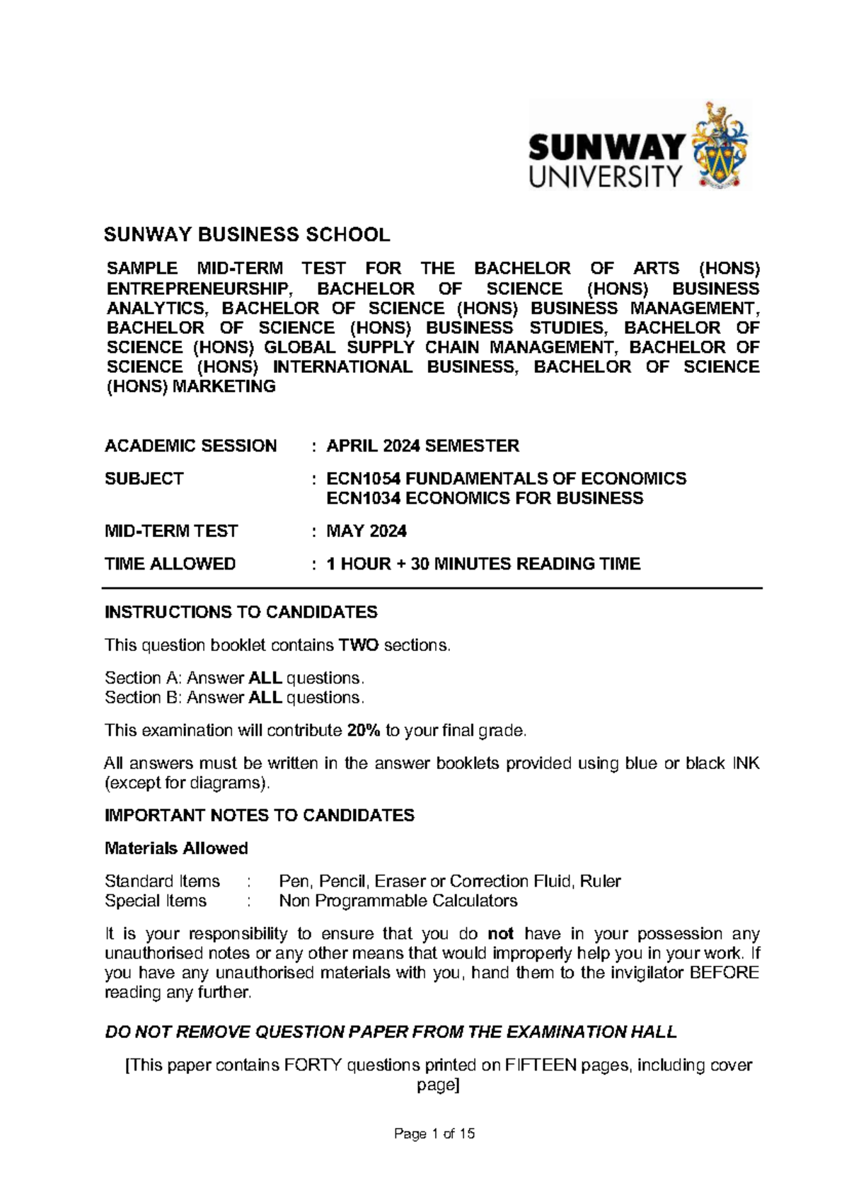 Sunway Business School ECN1054 ECN1034 May 2024 Sample Test for ...