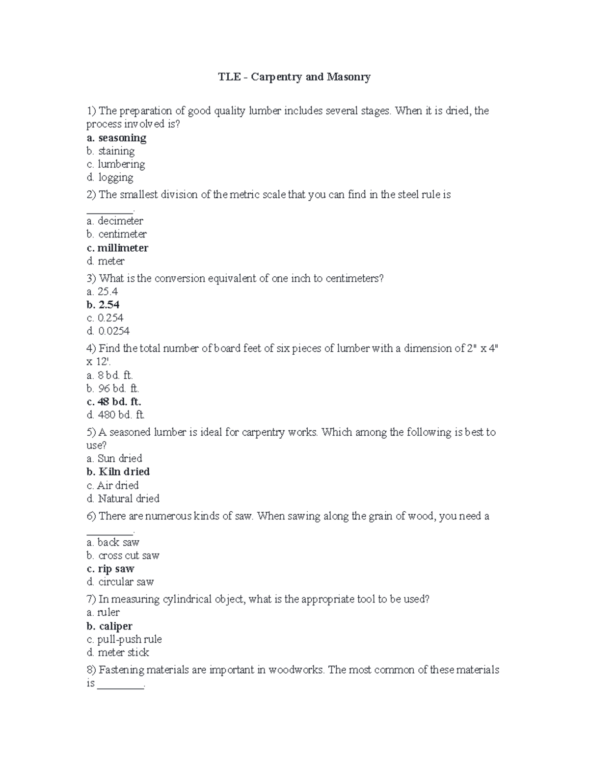 TLE EXAM - Carpentry and Masonry Review Questions and Answers - Studocu
