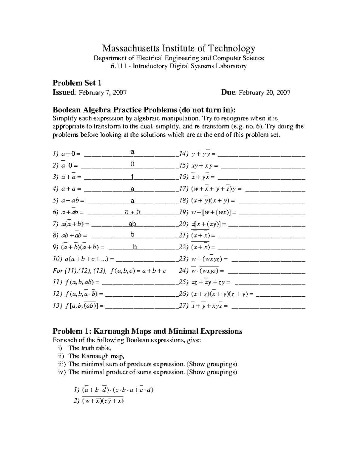 MIT EECS Introductory Digital Systems Lab Pset 1: Boolean Algebra ...