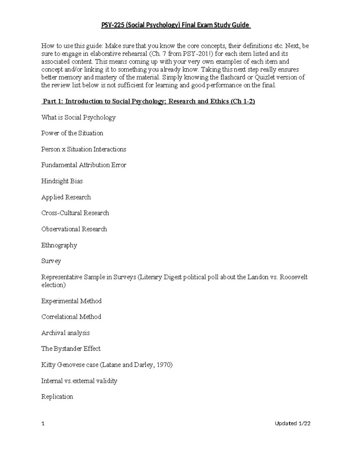 PSY-225 - Comprehensive Final Exam Study Guide on Social Psychology ...