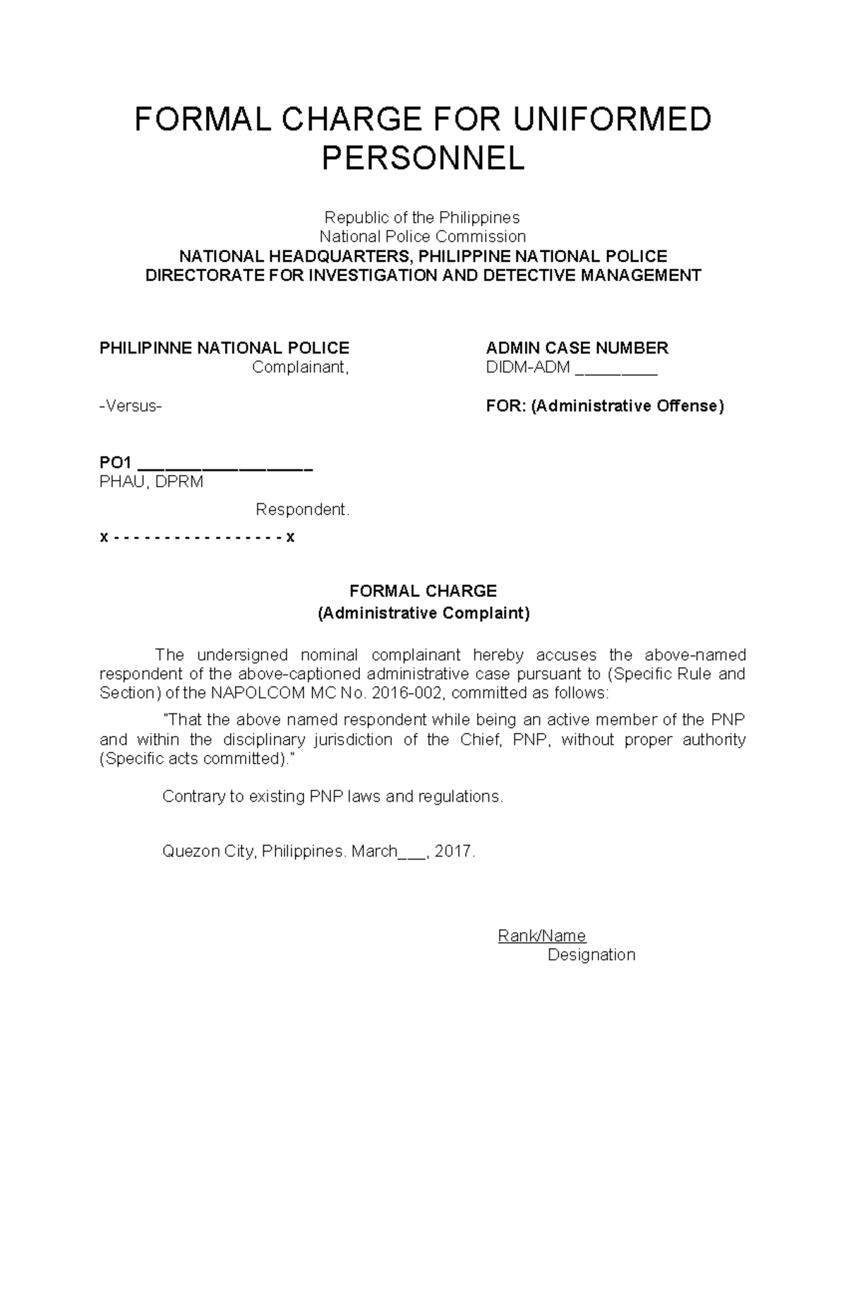 PNP ADM Case Template: Formal Charge for Uniformed Personnel - Studocu